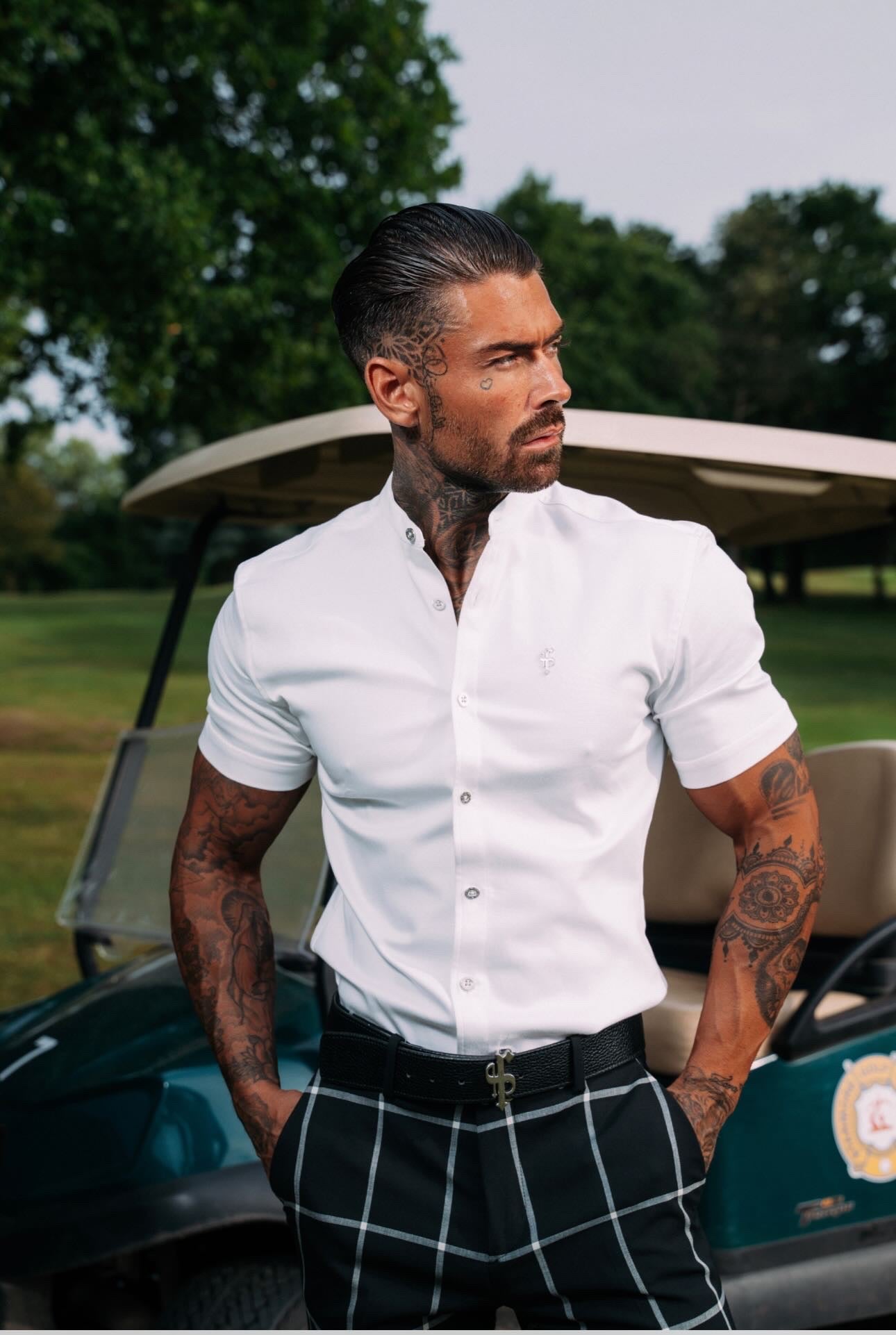 Super Slim Stretch White Denim Short Sleeve Grandad collar with Silver Metal Buttons and Decal Emblem - FS762