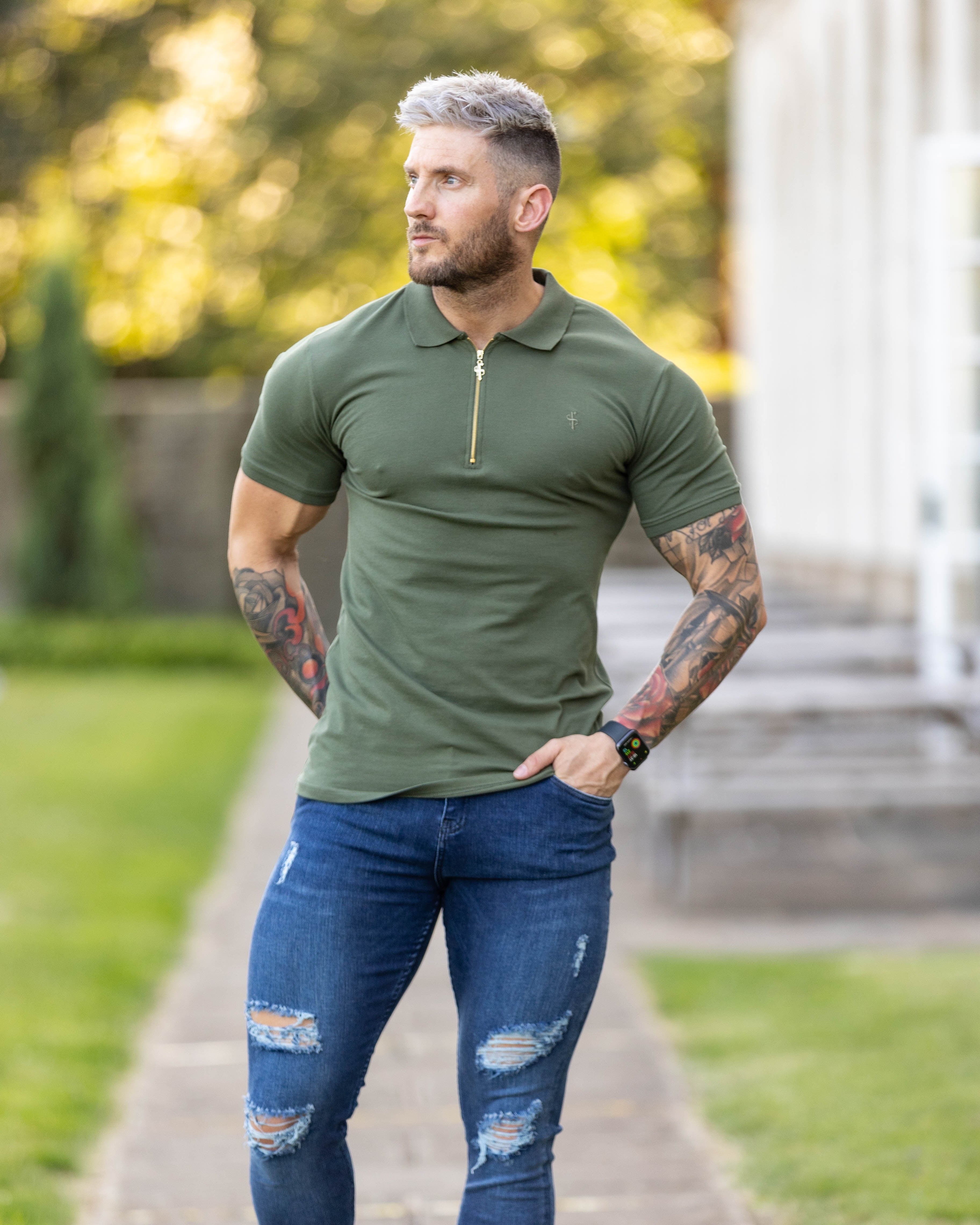 Classic Khaki and Gold Zipped Polo Shirt - FSH810