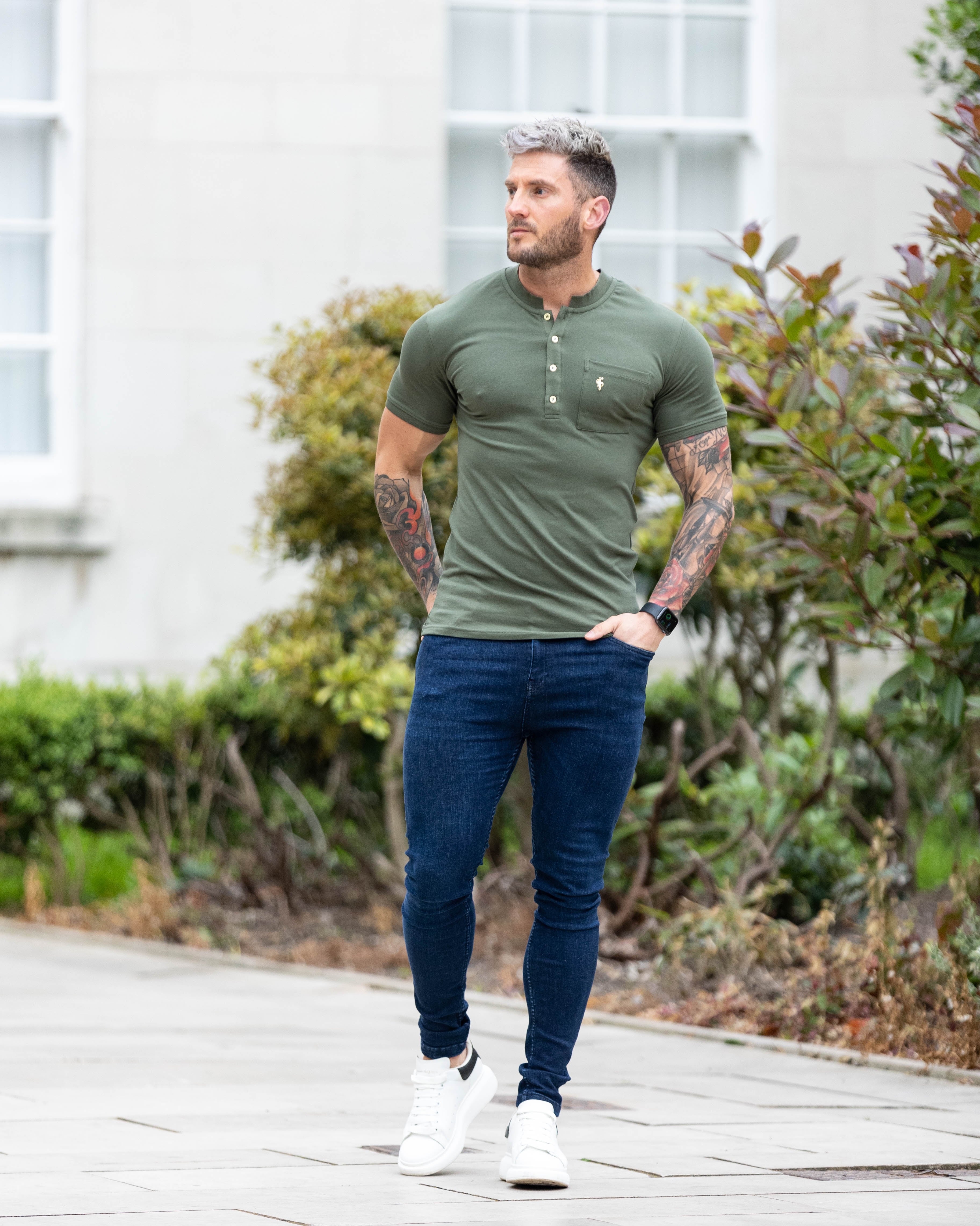 Classic Khaki and Gold Grandad Polo Shirt With Pocket - FSH829