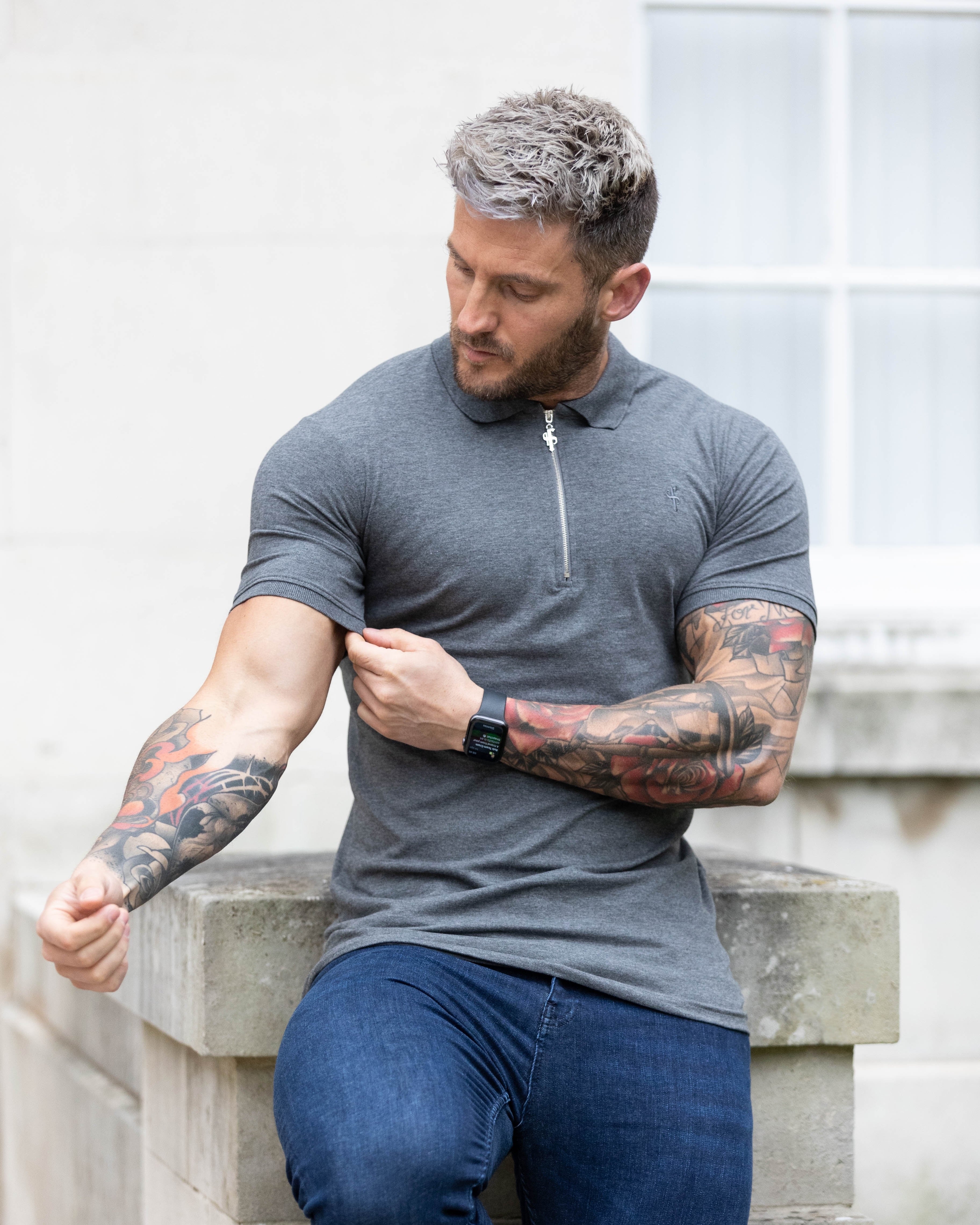 Classic Dark Grey and Silver Zipped Polo Shirt - FSH812