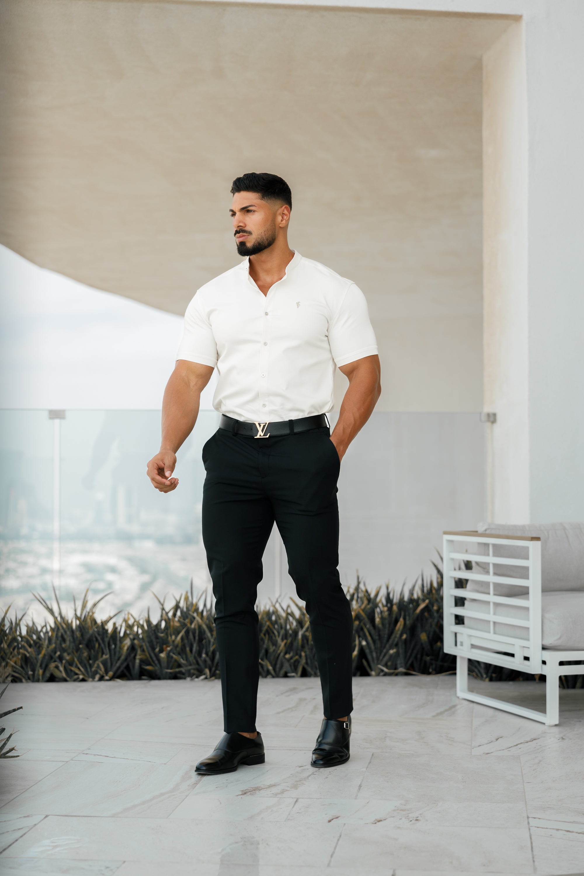 Super Slim Stretch Cream Denim Short Sleeve Grandad collar with Metal Buttons and Decal Emblem - FS726