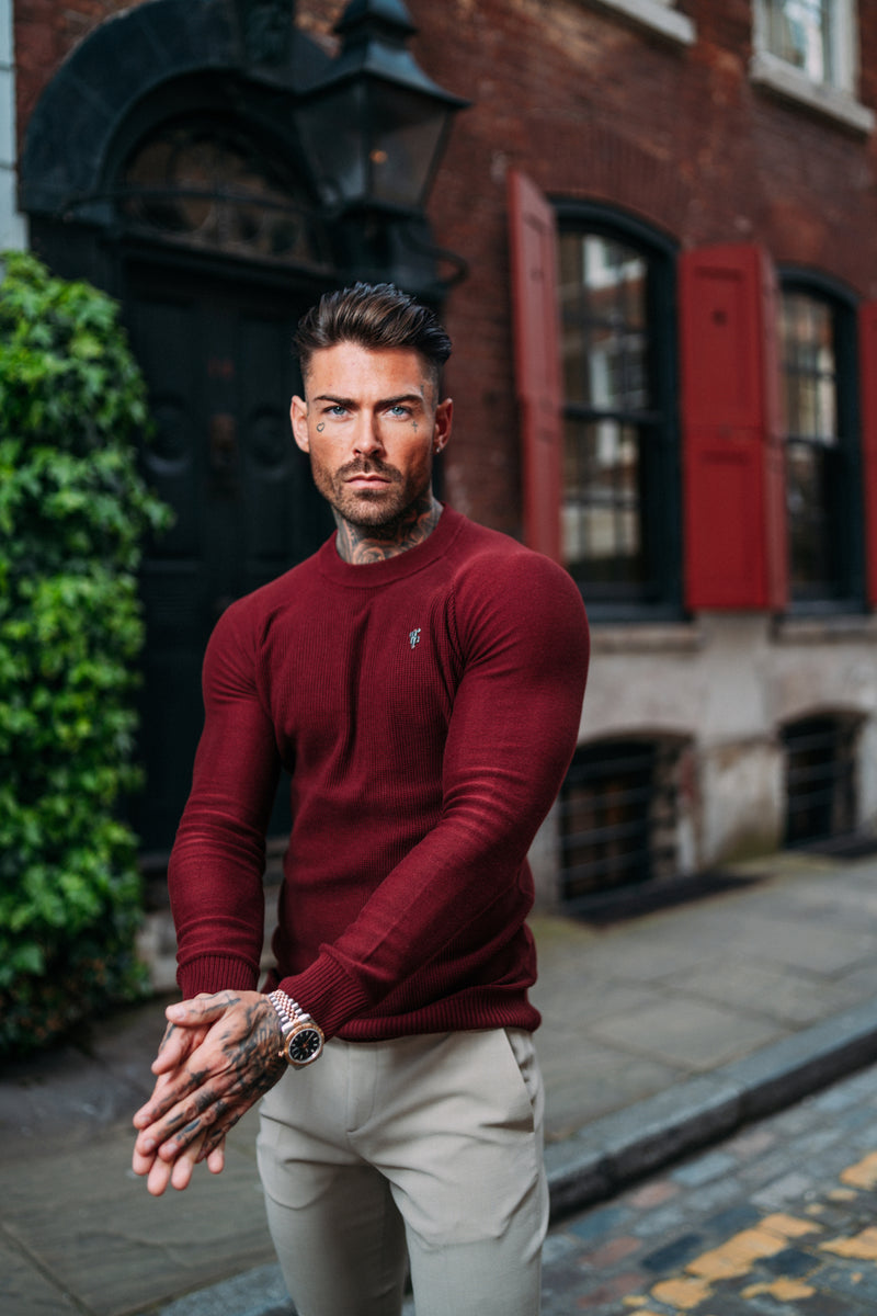 Father Sons Burgundy Knitted Honeycomb Raglan Crew Super Slim Sweater With Metal Decal - FSN065