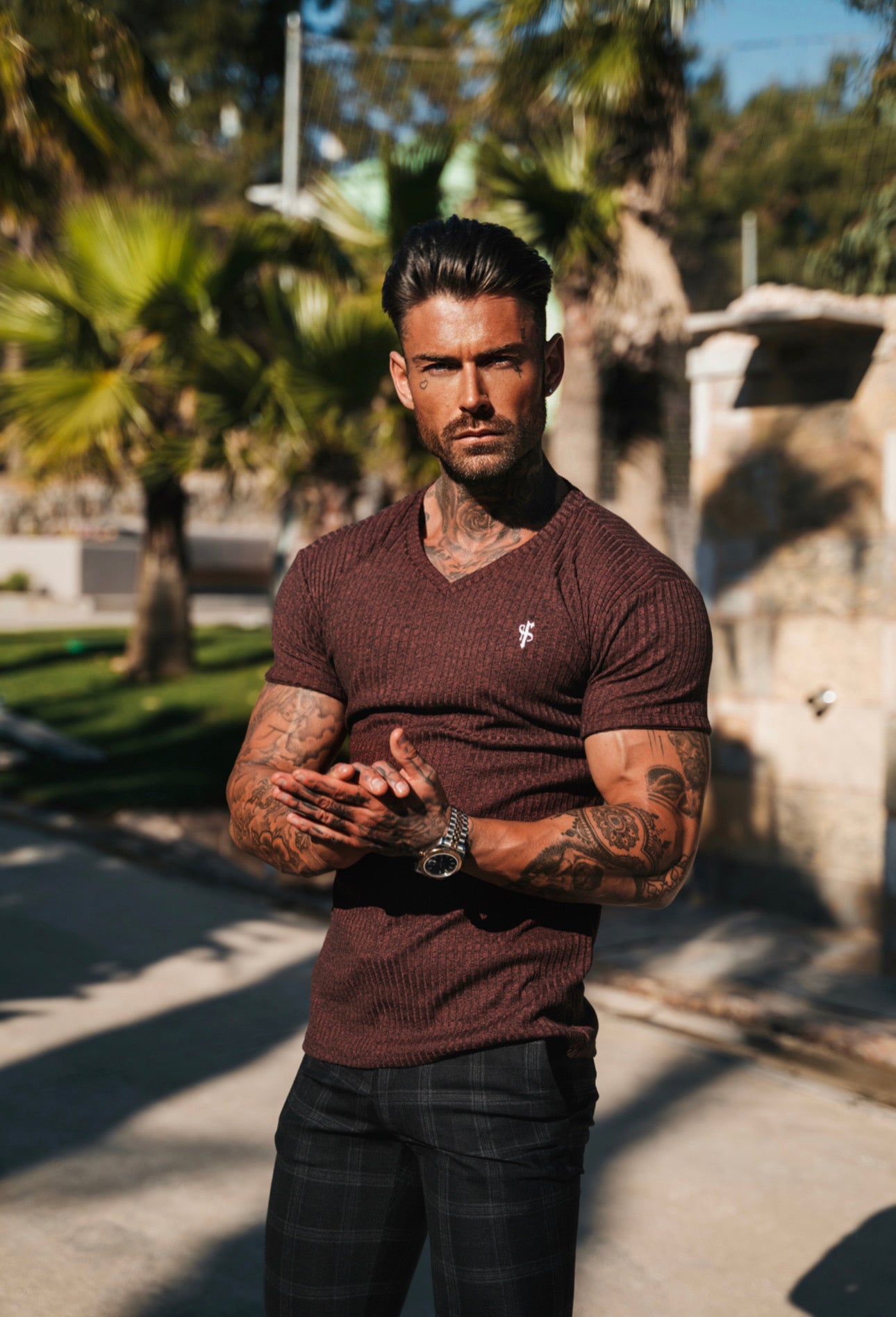 Classic Burgundy / White V Neck Ribbed Short Sleeve - FSH768