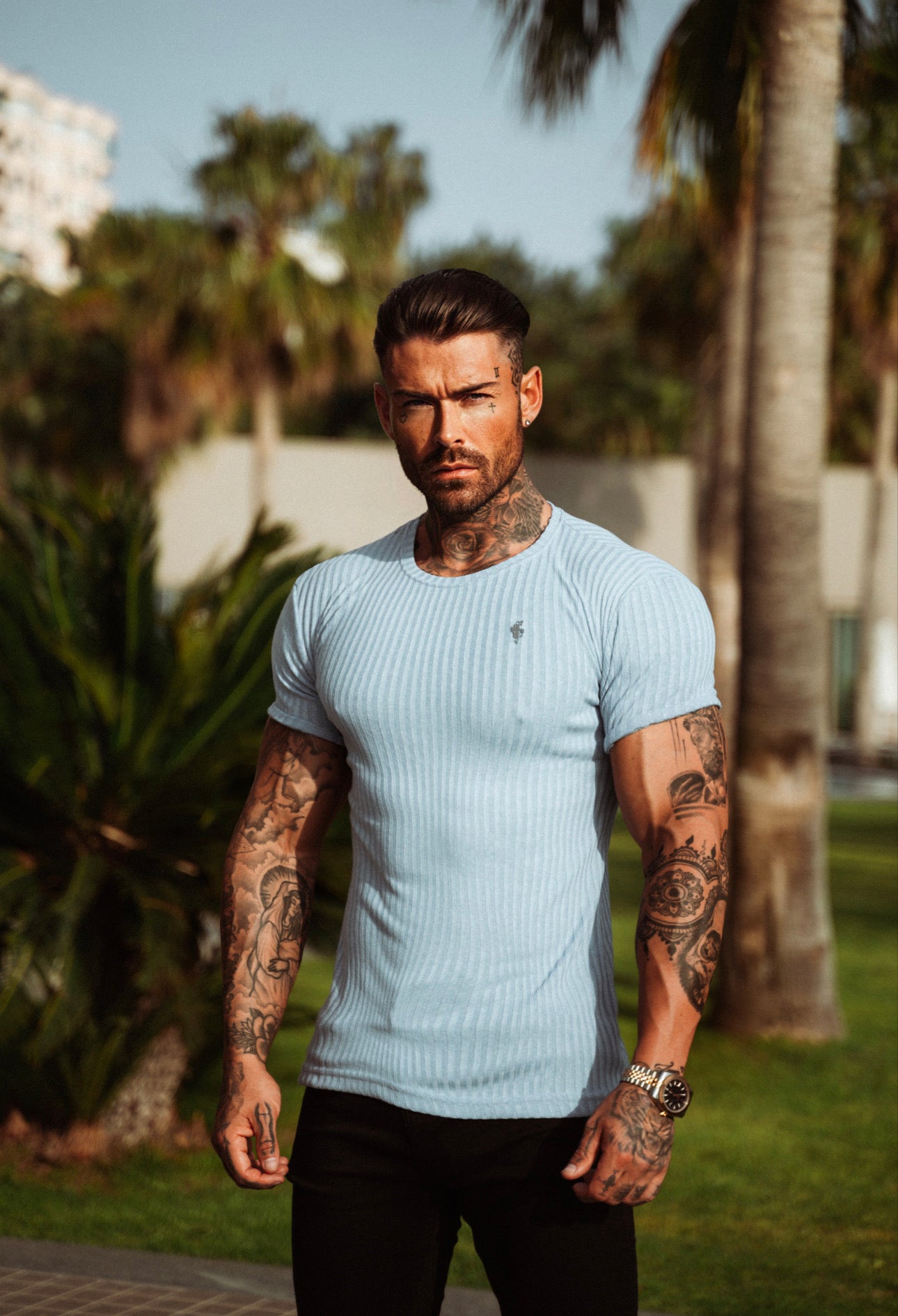 Classic Light Blue Rib Short Sleeve Crew T Shirt With Silver Decal - FSH635