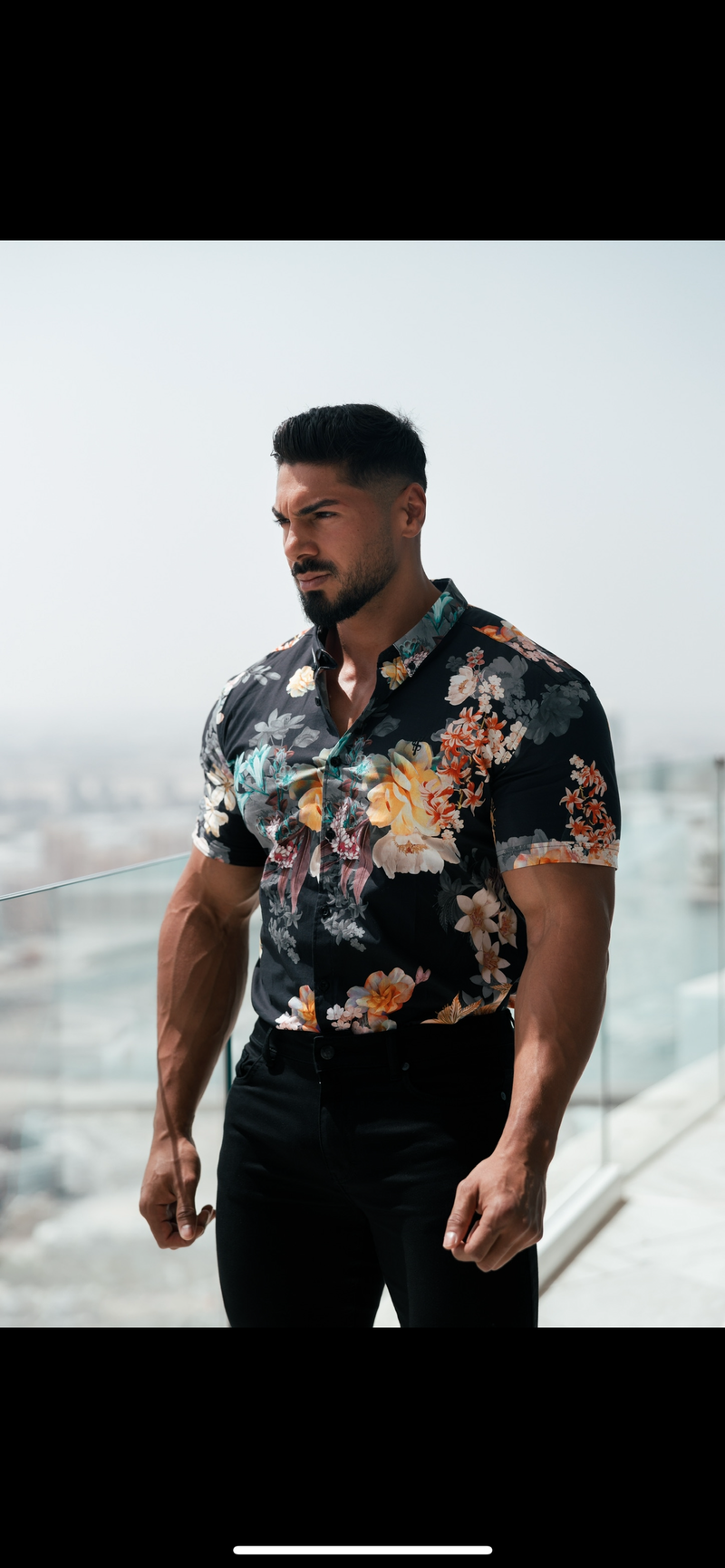 Father Sons Super Slim Stretch Black Mixed Lily Floral Print Short Sleeve with Button Down Collar - FS855