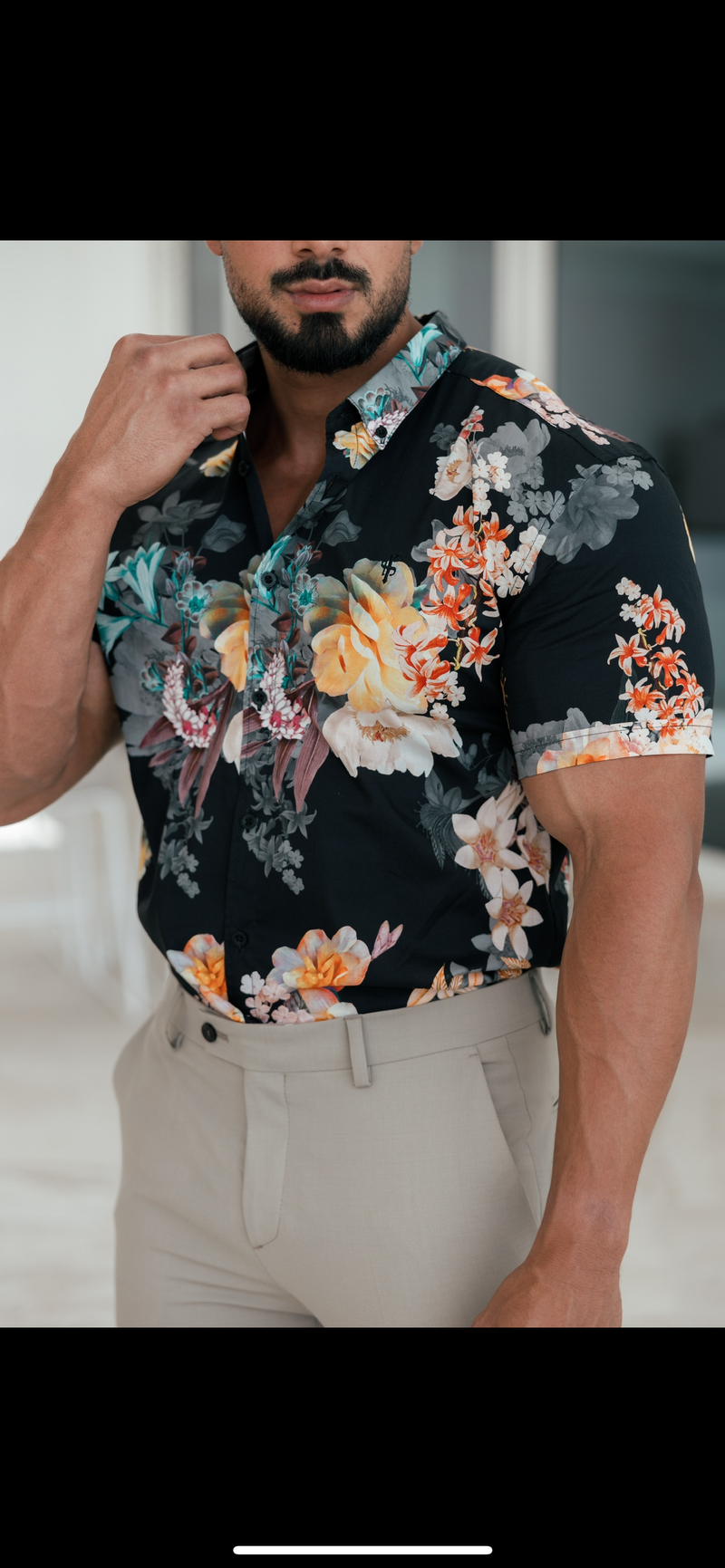 Father Sons Super Slim Stretch Black Mixed Lily Floral Print Short Sleeve with Button Down Collar - FS855