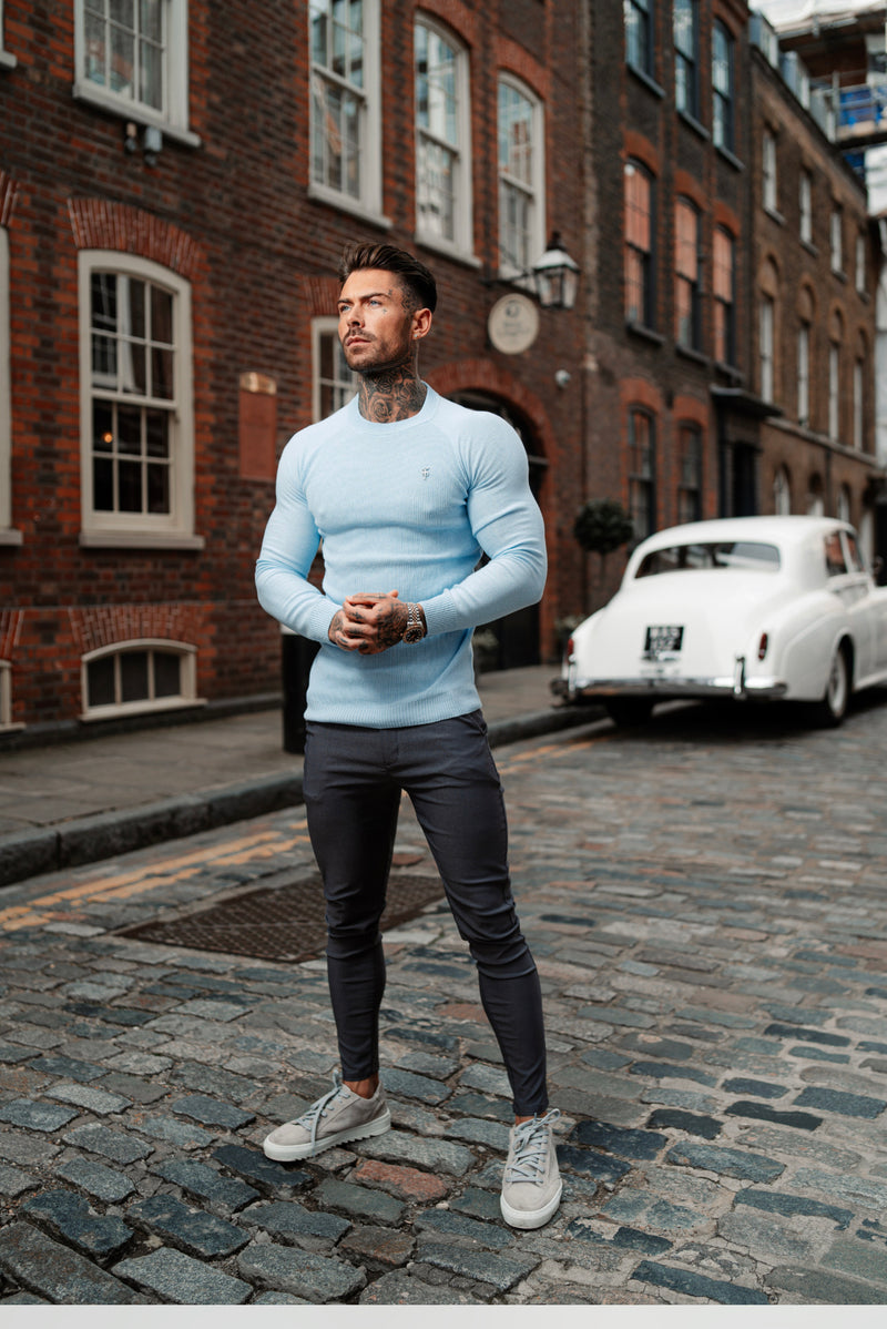 Father Sons Sky Blue Knitted Honeycomb Raglan Crew Super Slim Sweater With Metal Decal - FSN067