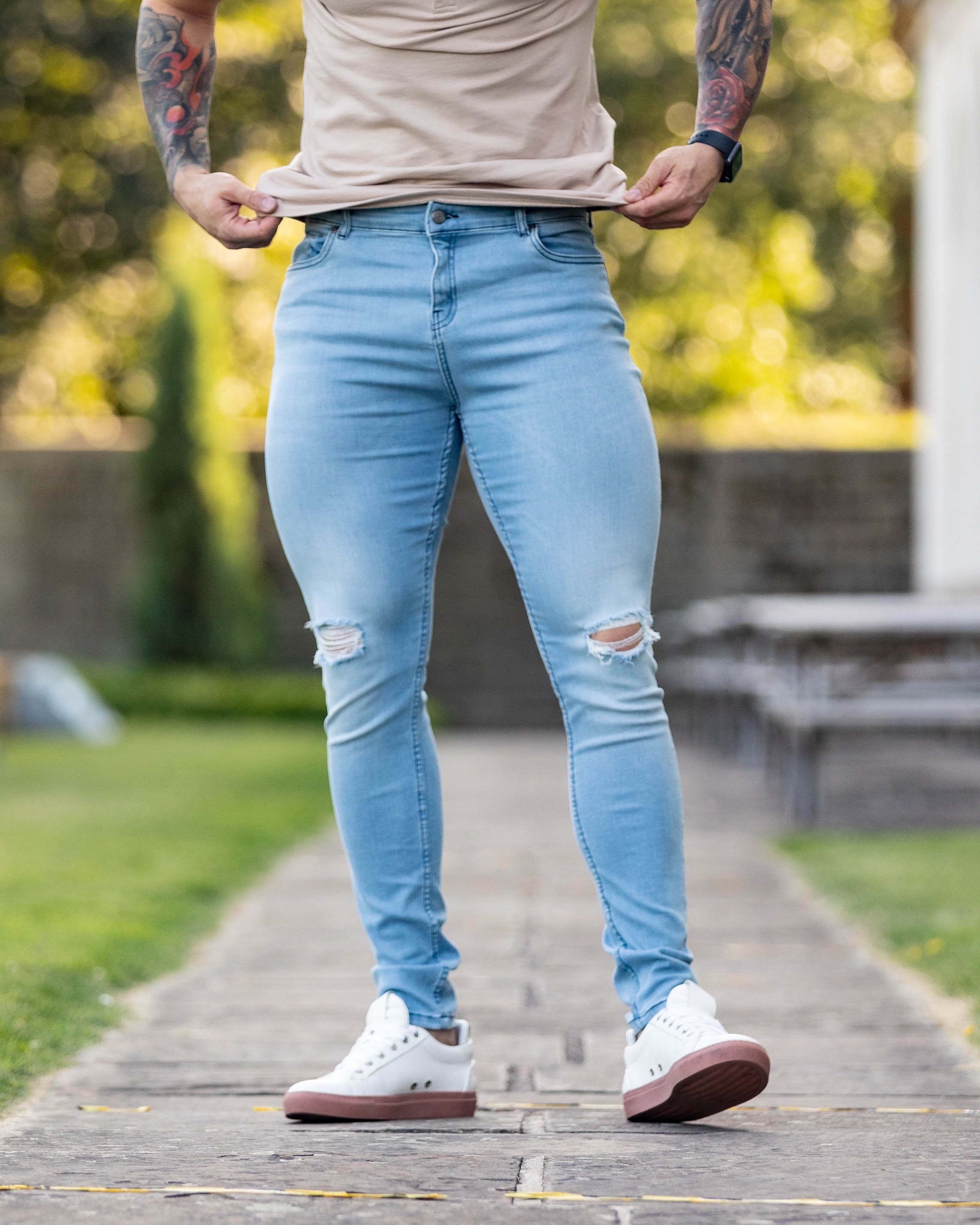 Ultra Stretch Navy Bleached Slim Jeans with Knee Rips - FSJEAN005