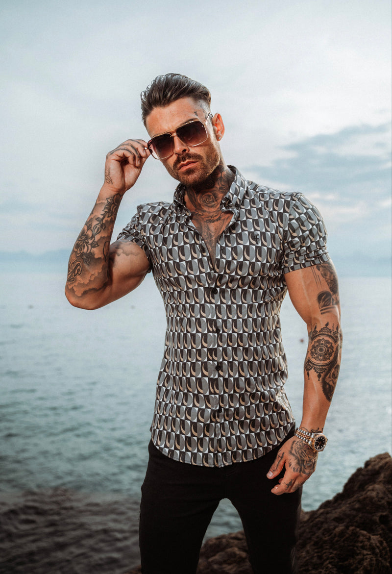 Father Sons Super Slim Stretch Black Multi Retro Print Short Sleeve with Button Down Collar - FS911