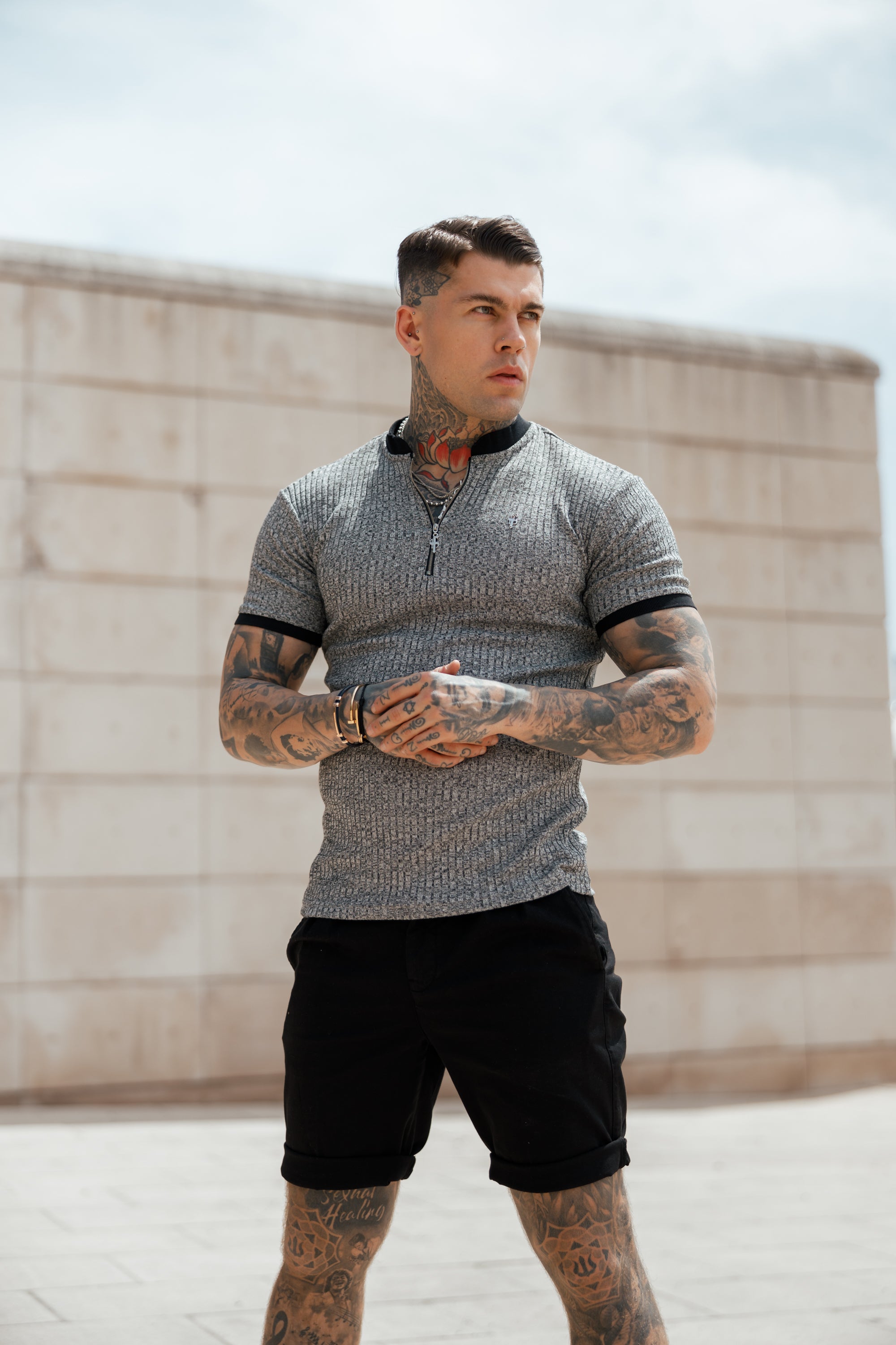 Classic Grey Ribbed Zip Grandad Collar Shirt Short Sleeve - FSH762