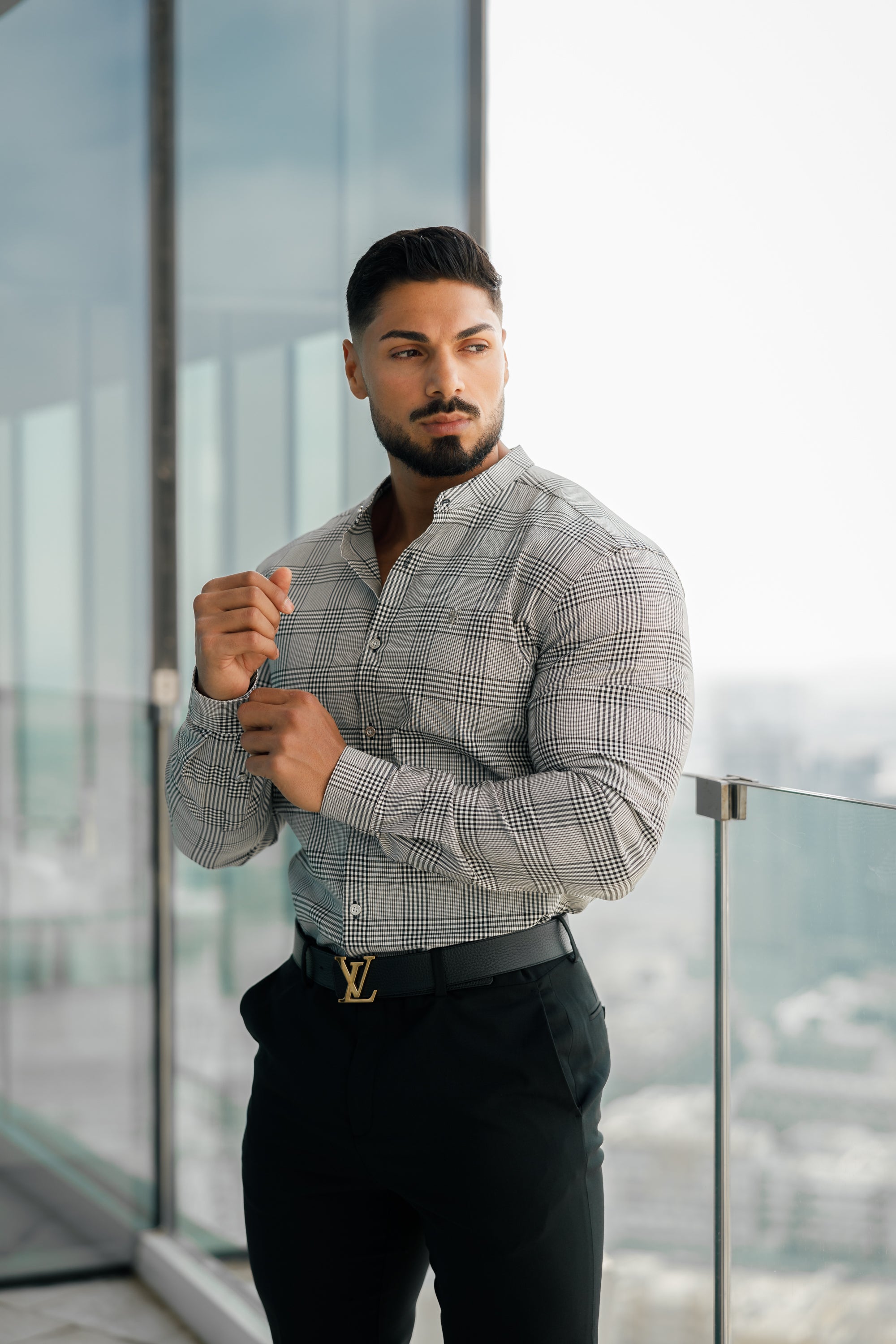 Super Slim Stretch Prince Of Wales White and Black Check Long Sleeve Grandad Collar with Metal Buttons and Emblem- FS733