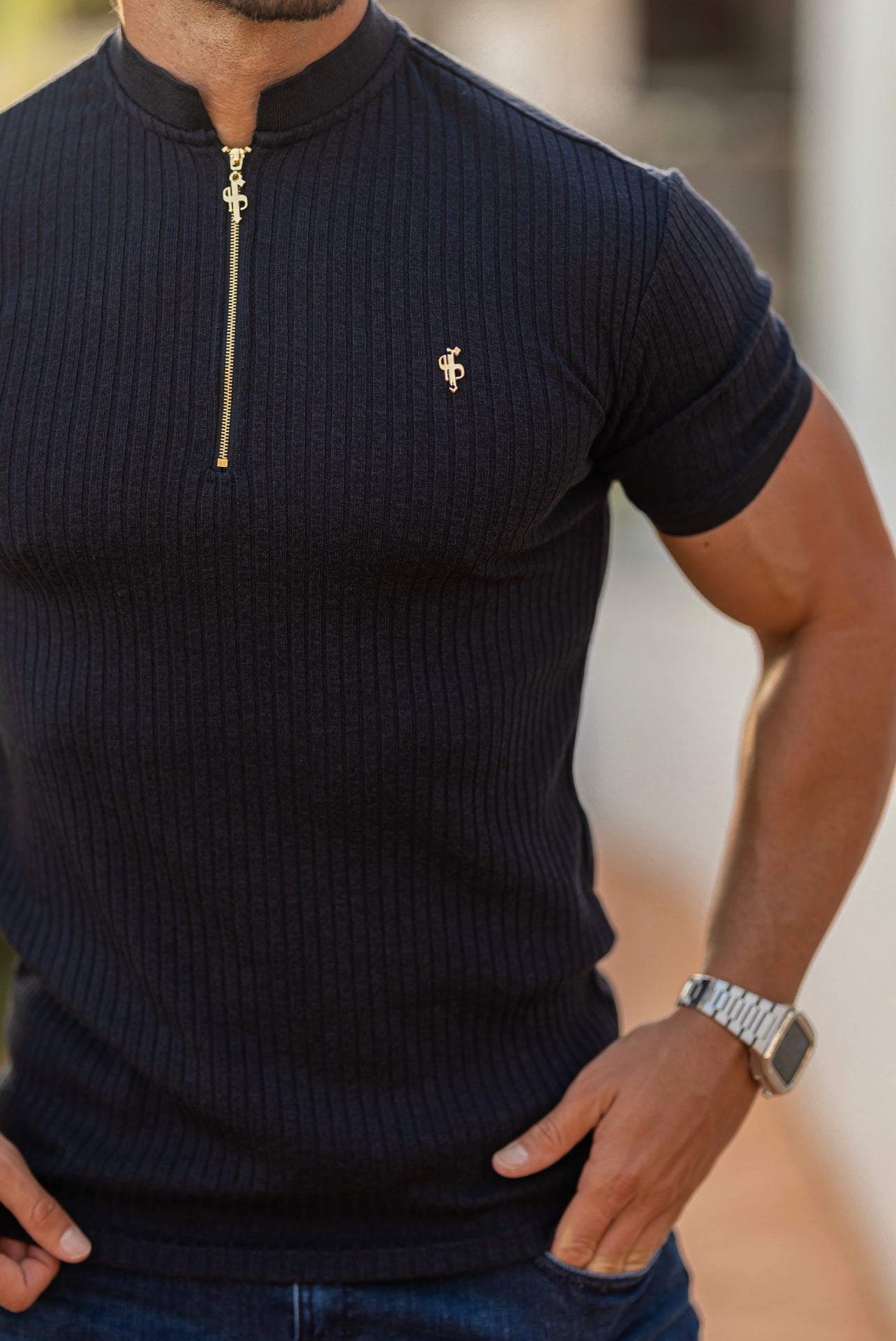 Classic Navy Ribbed Zip Grandad Collar Shirt Short Sleeve - FSH773
