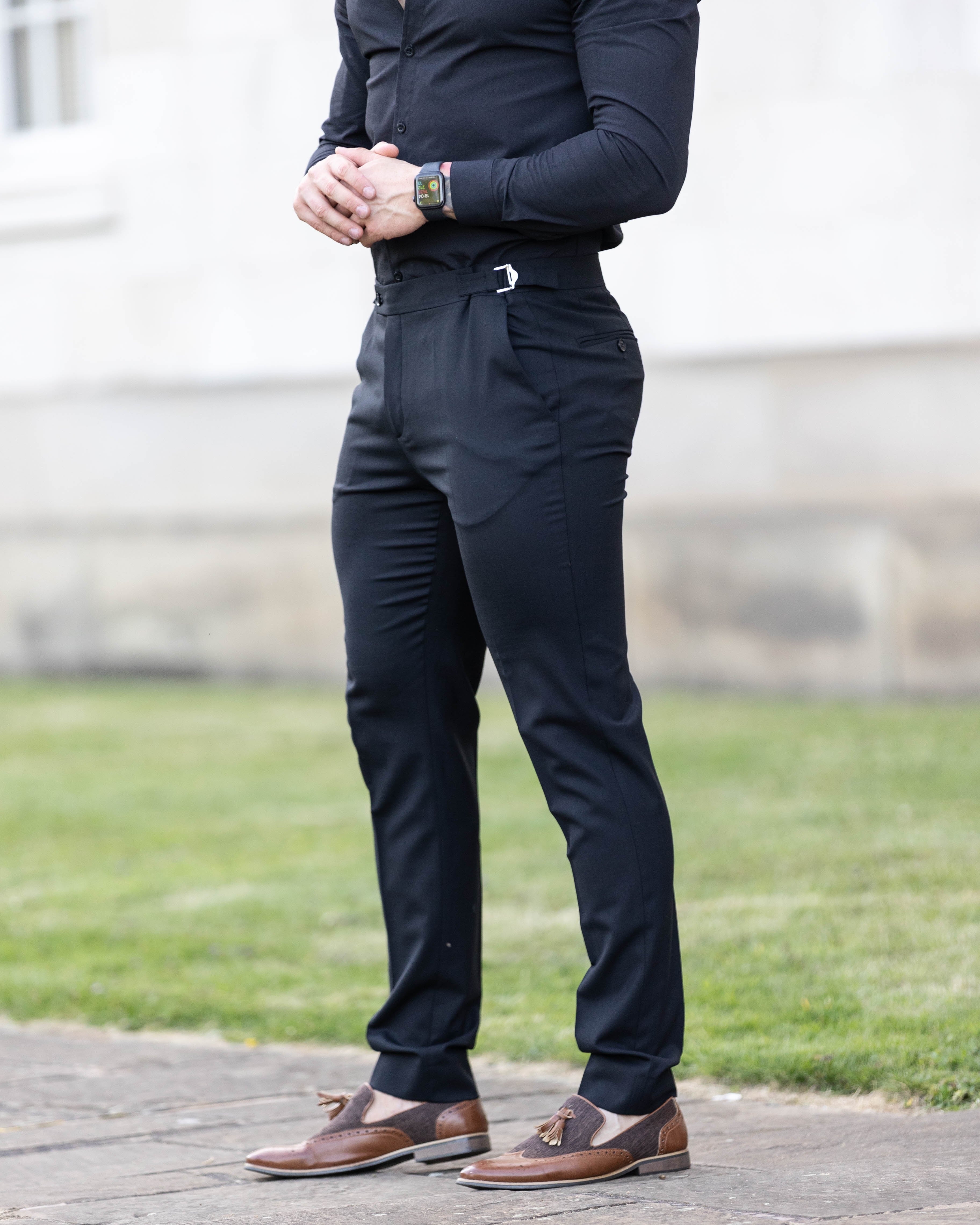 Father Sons Slim Formal Black Stretch Pants With Silver Waist Adjusters - FST013