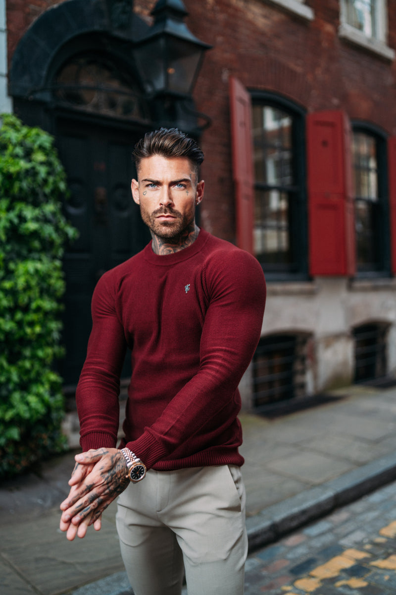 Father Sons Burgundy Knitted Honeycomb Raglan Crew Super Slim Sweater With Metal Decal - FSN065