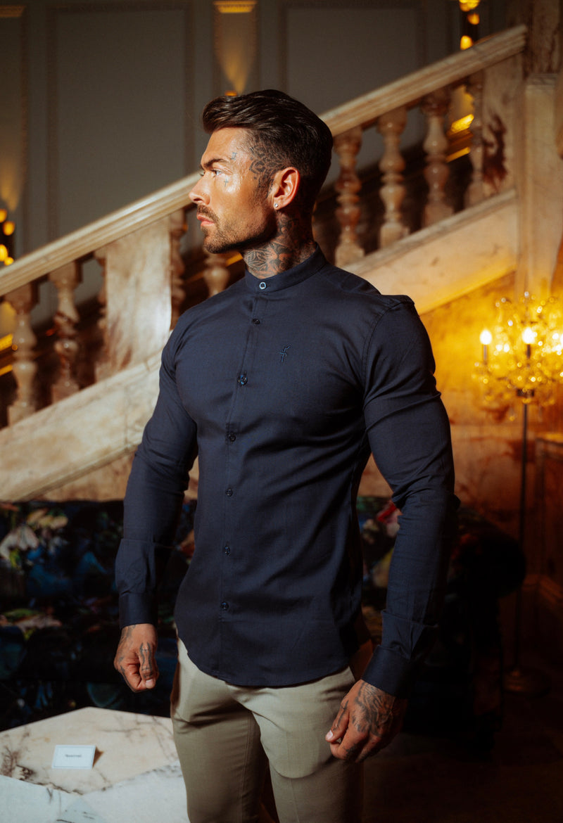 Father Sons Super Slim Stretch Grandad Collar Classic Navy Oxford  Long Sleeve - FS583