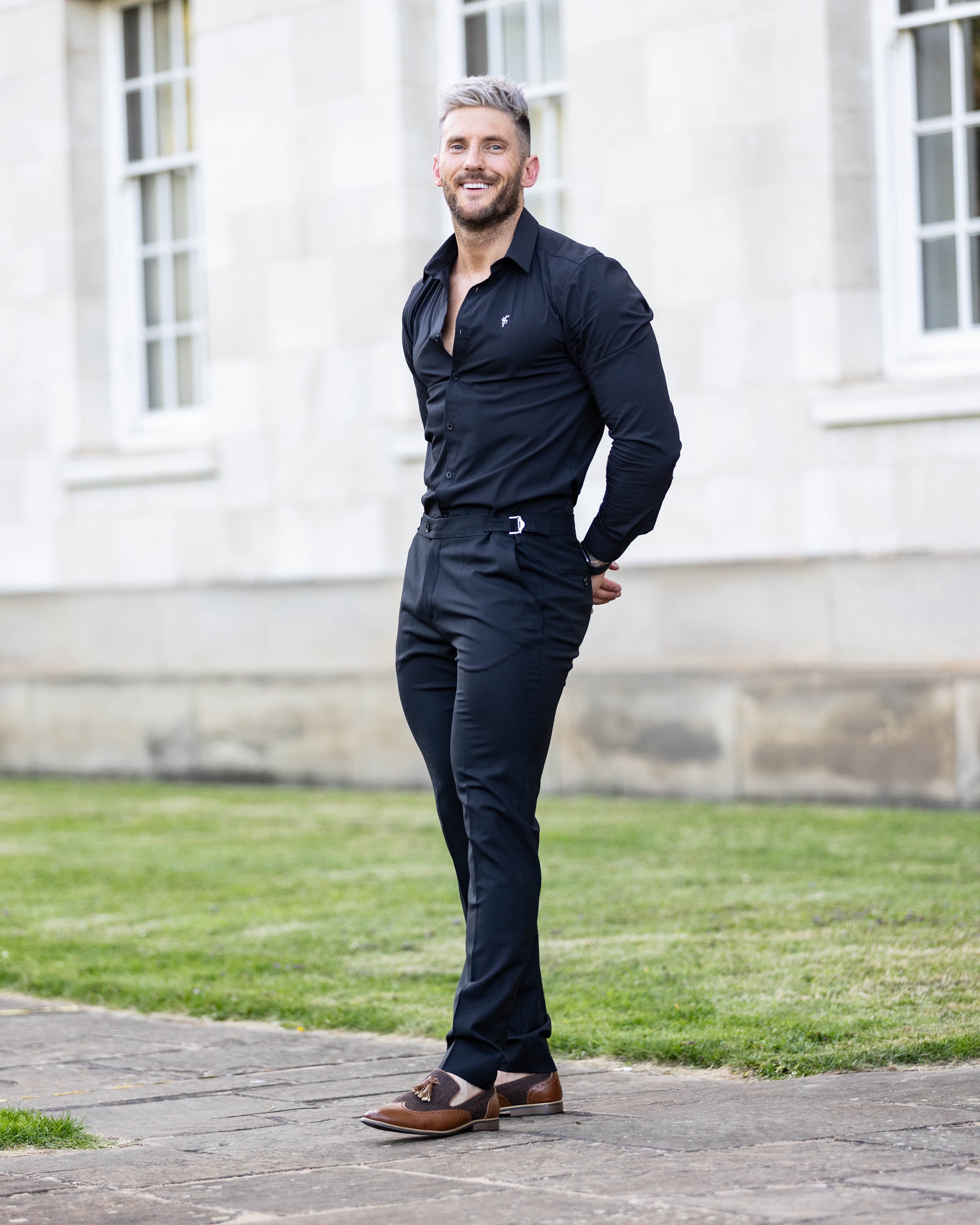 Father Sons Slim Formal Black Stretch Pants With Silver Waist Adjusters - FST013