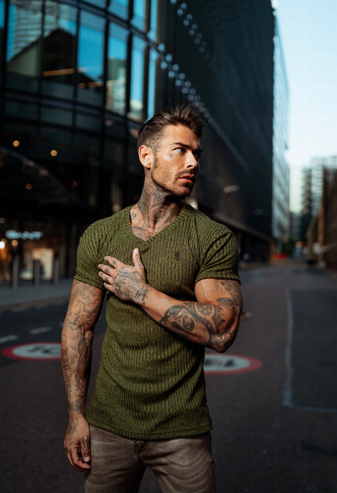 Classic Khaki V Neck Ribbed Crew - FSH390