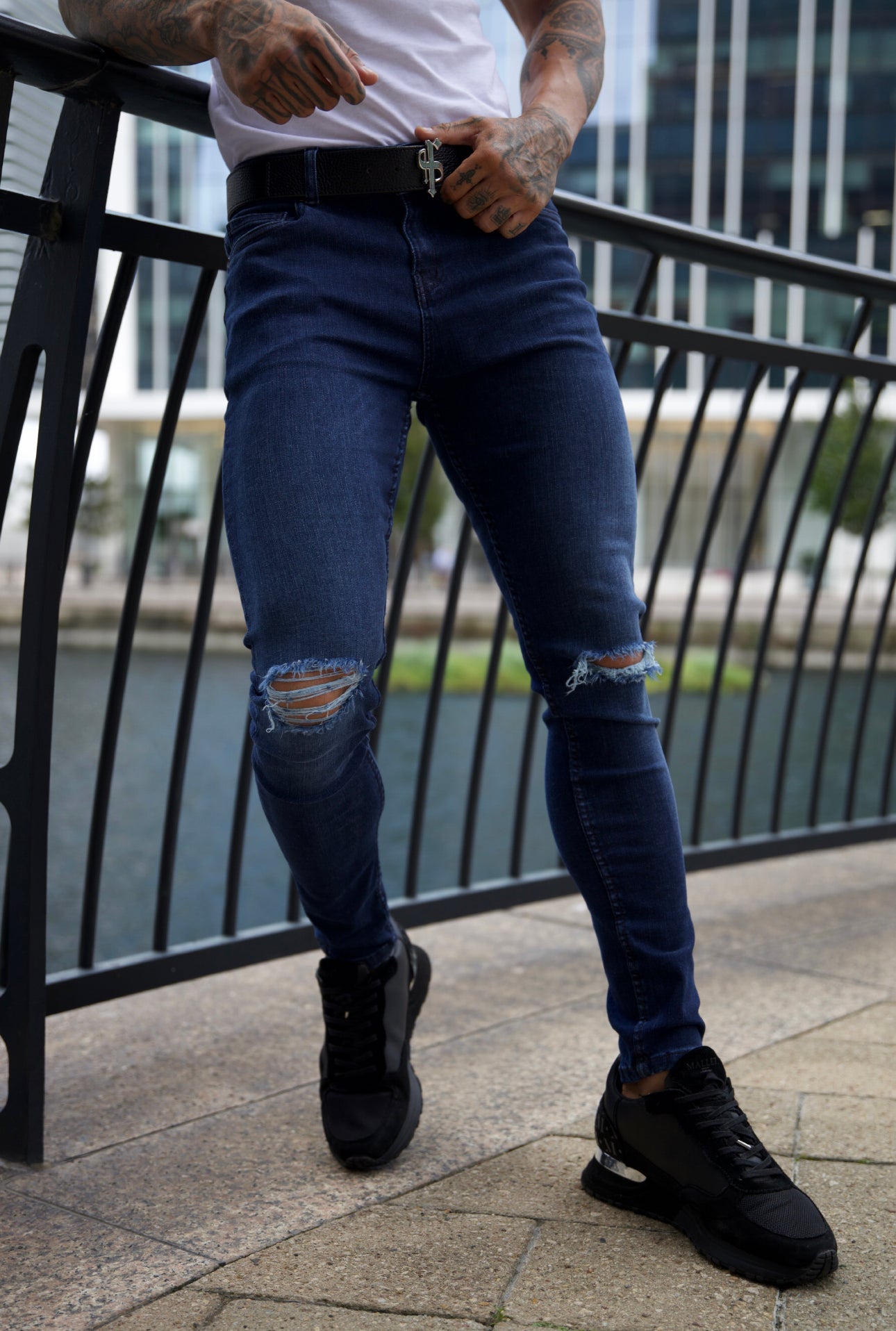 Ultra Stretch Navy Slim Jeans with Knee Rips - FSJEAN004
