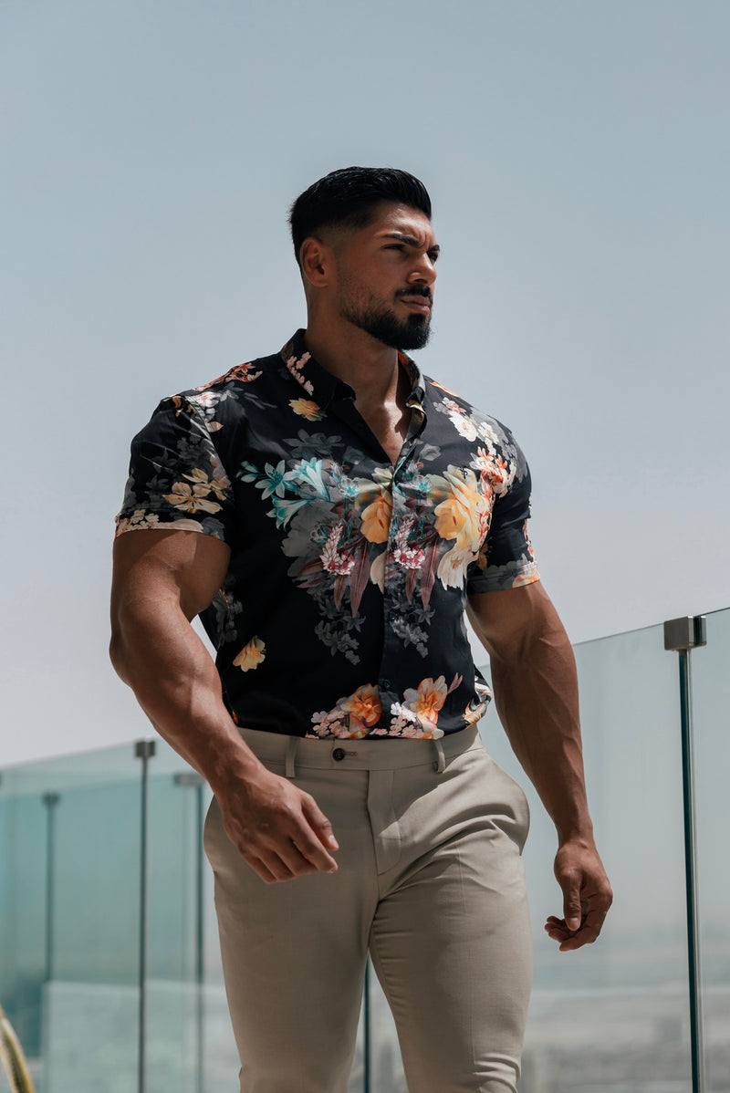 Father Sons Super Slim Stretch Black Mixed Lily Floral Print Short Sleeve with Button Down Collar - FS855