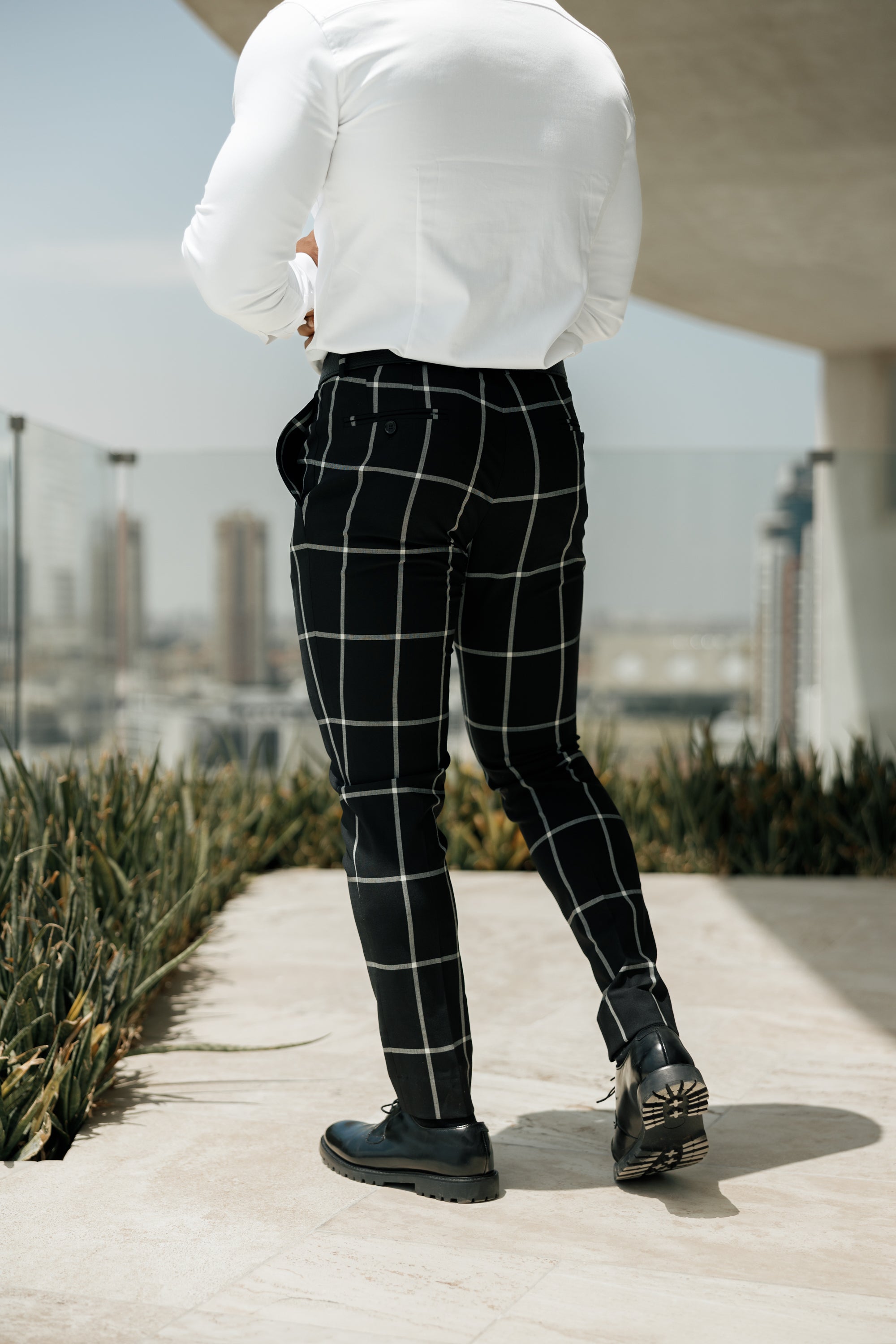 Father Sons Slim Formal Black and Ecru Large Check Stretch Pants - FST015