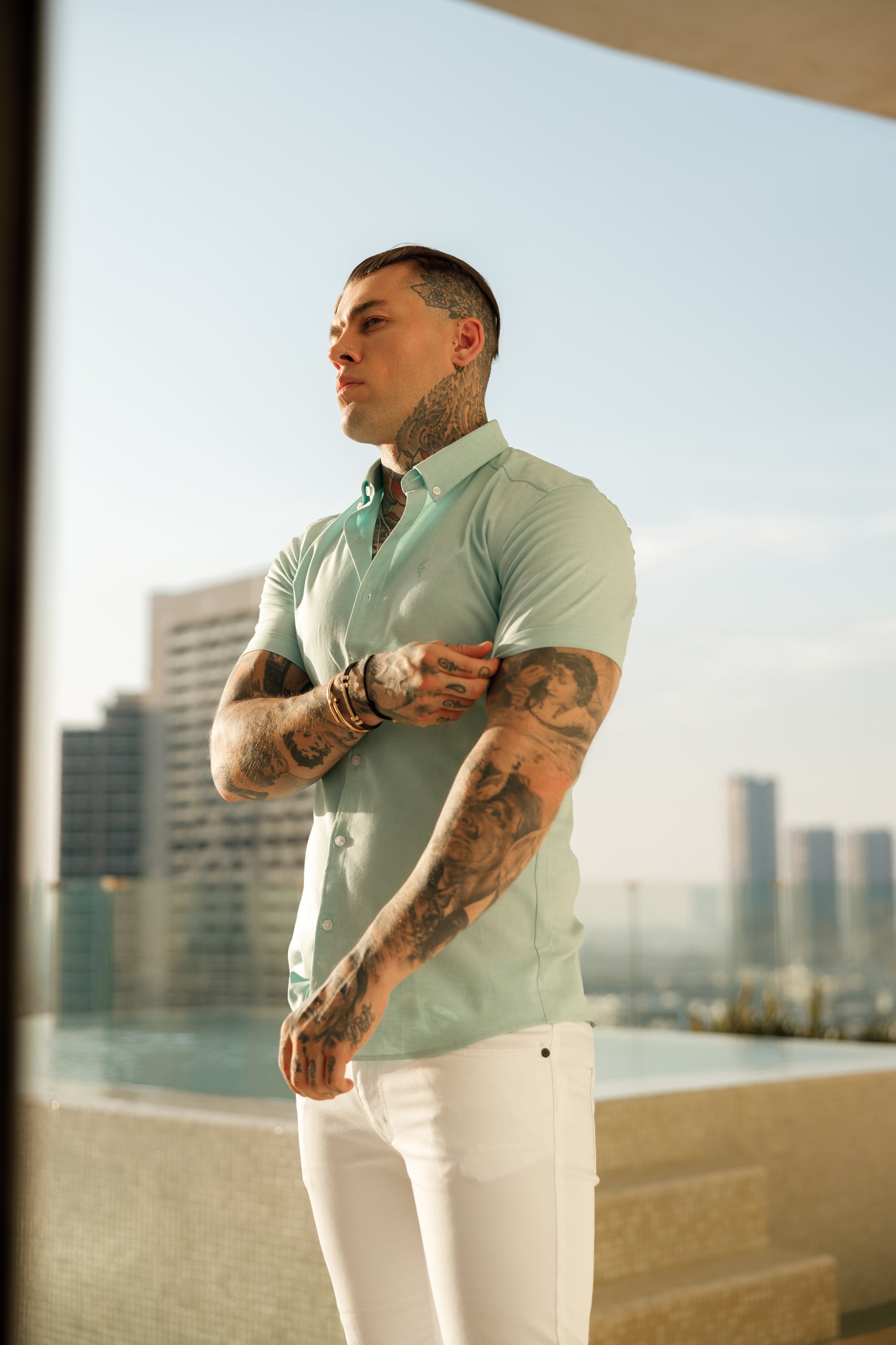 Super Slim Stretch Classic Oxford Mint Short Sleeve - FS311