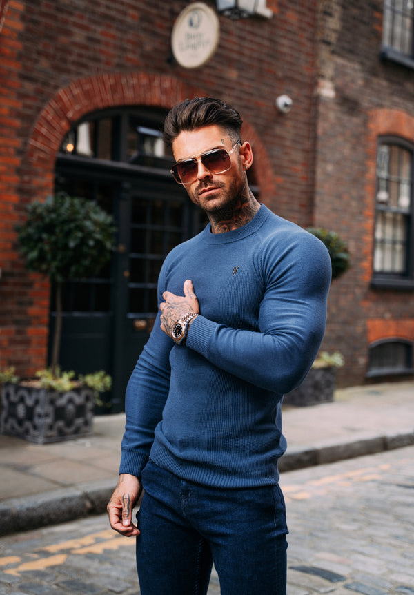 Father Sons Air Force Blue Knitted Honeycomb Raglan Crew Super Slim Sweater With Metal Decal - FSN066