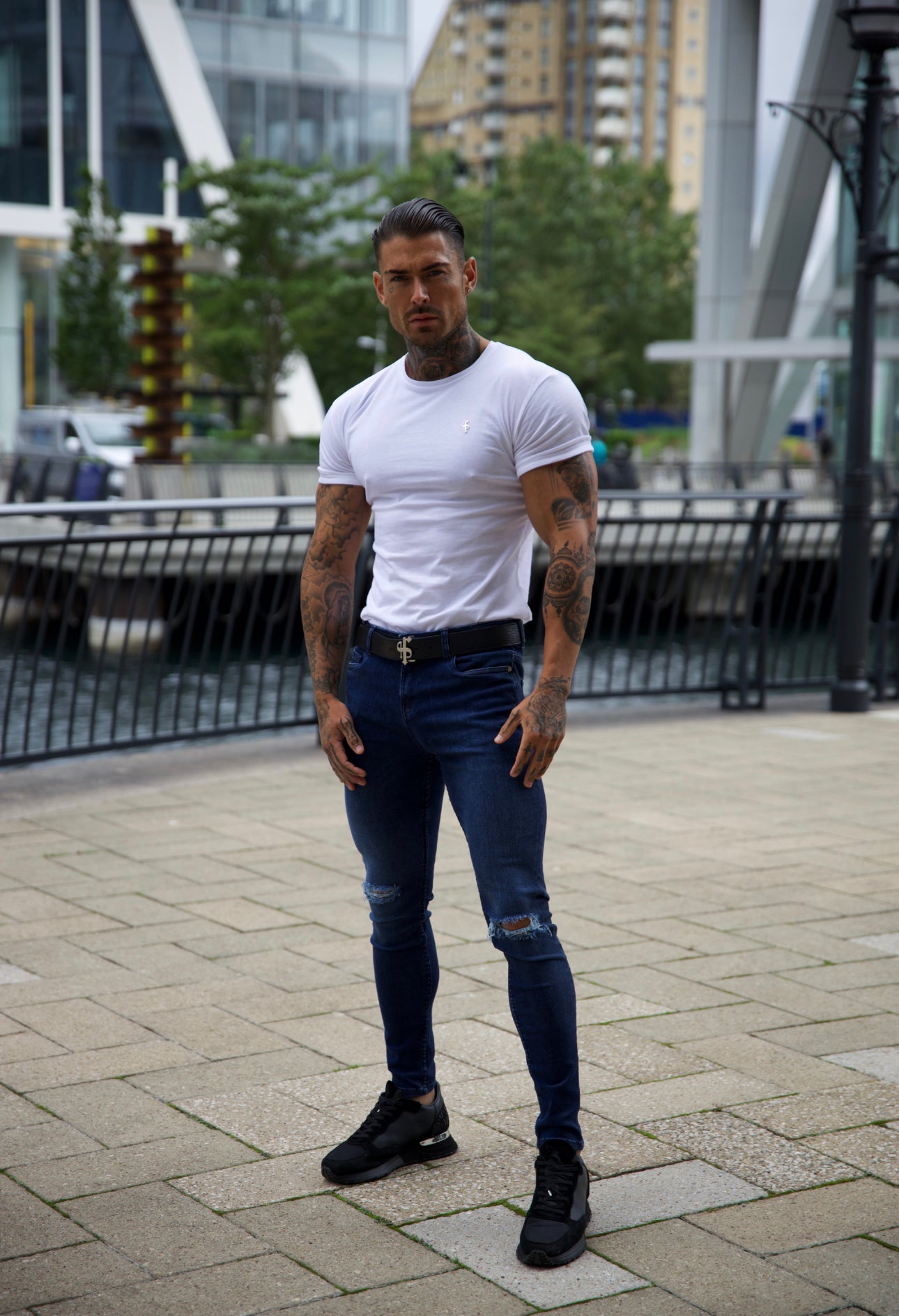 Ultra Stretch Navy Slim Jeans with Knee Rips - FSJEAN004