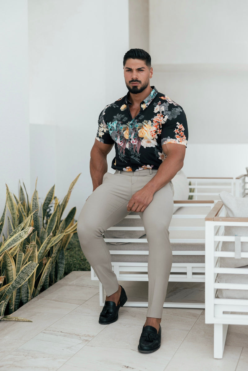 Father Sons Super Slim Stretch Black Mixed Lily Floral Print Short Sleeve with Button Down Collar - FS855