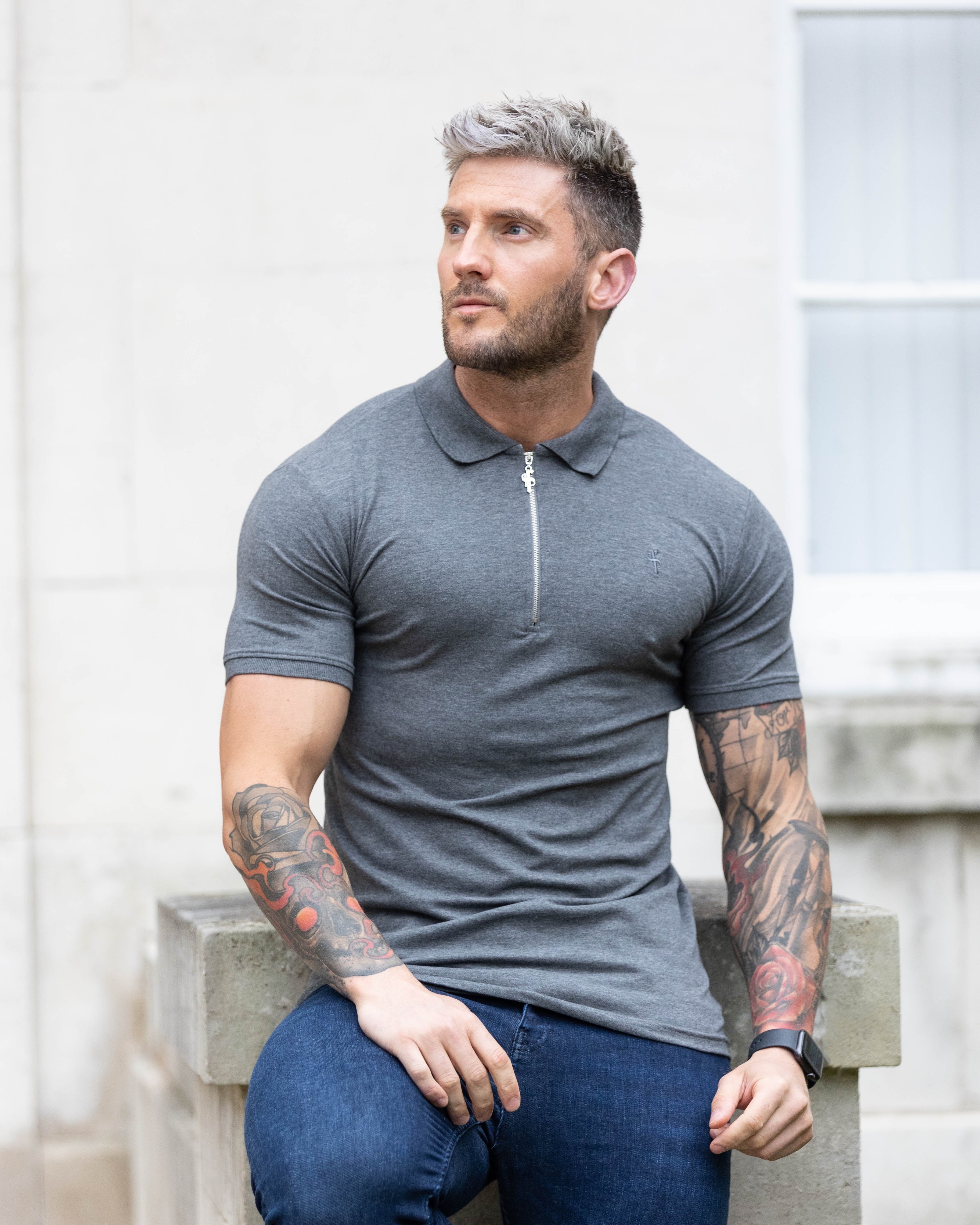Classic Dark Grey and Silver Zipped Polo Shirt - FSH812