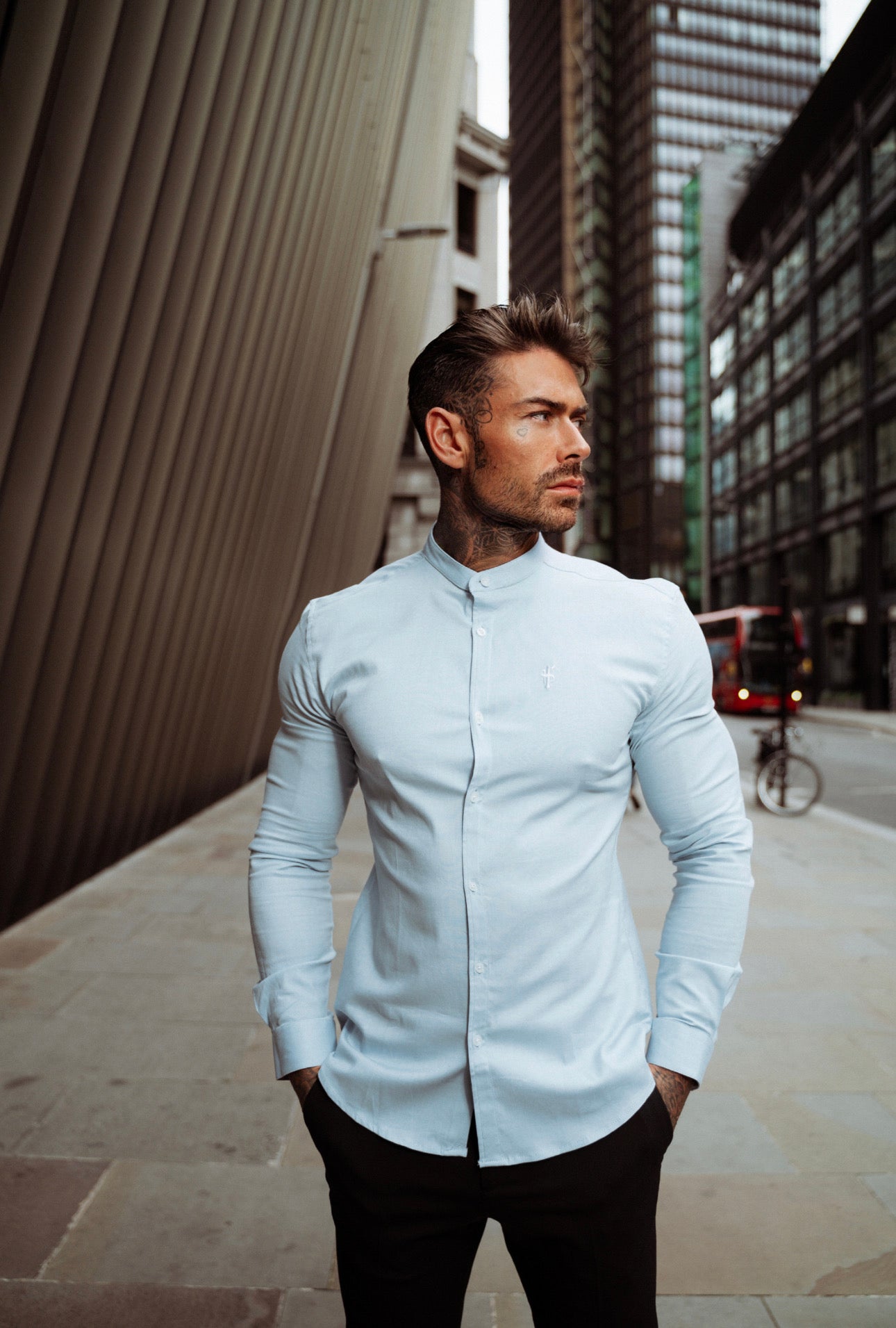 Super Slim Stretch Classic Oxford Light Blue with Grandad Collar - FS938