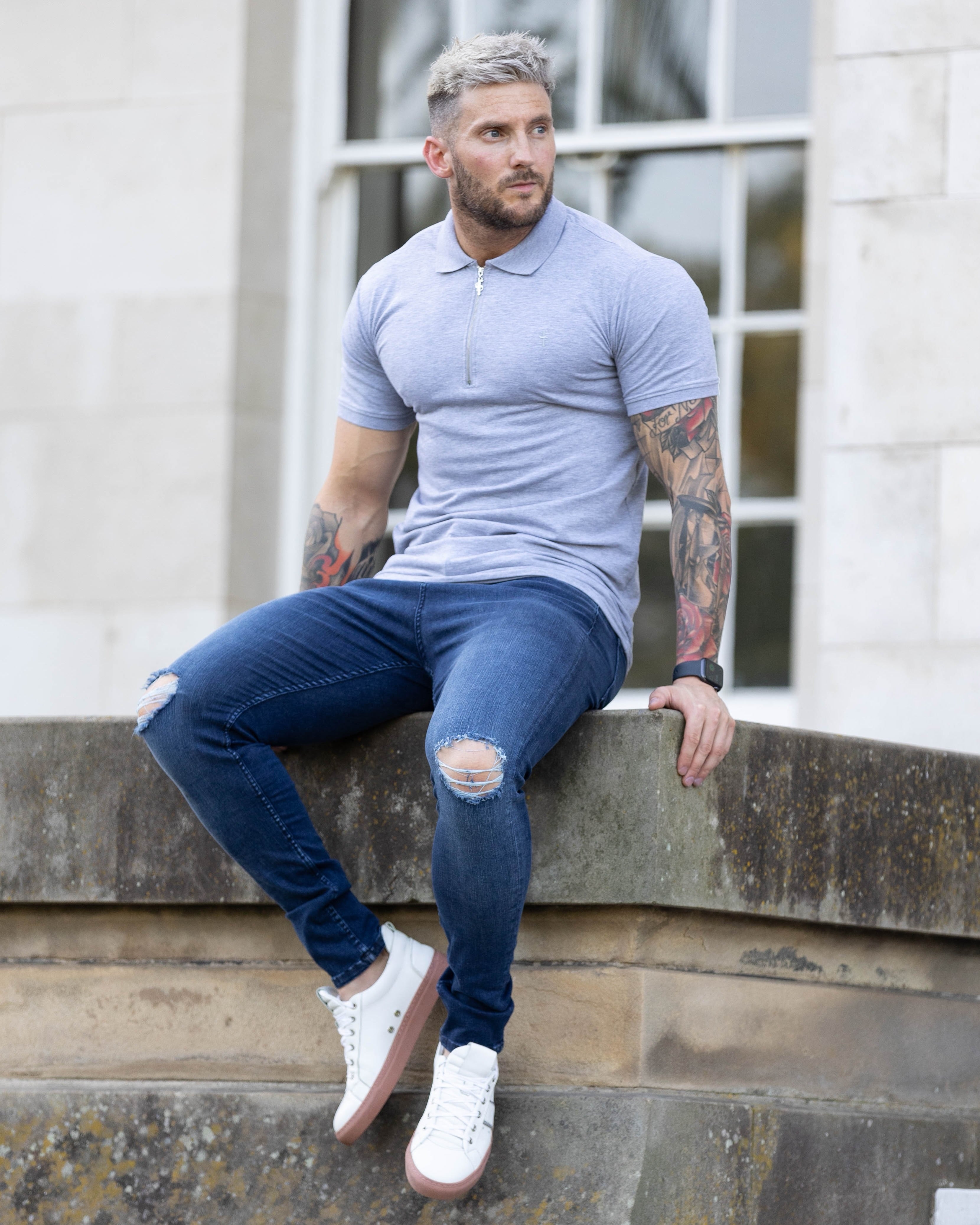 Ultra Stretch Navy Slim Jeans with Knee Rips - FSJEAN004