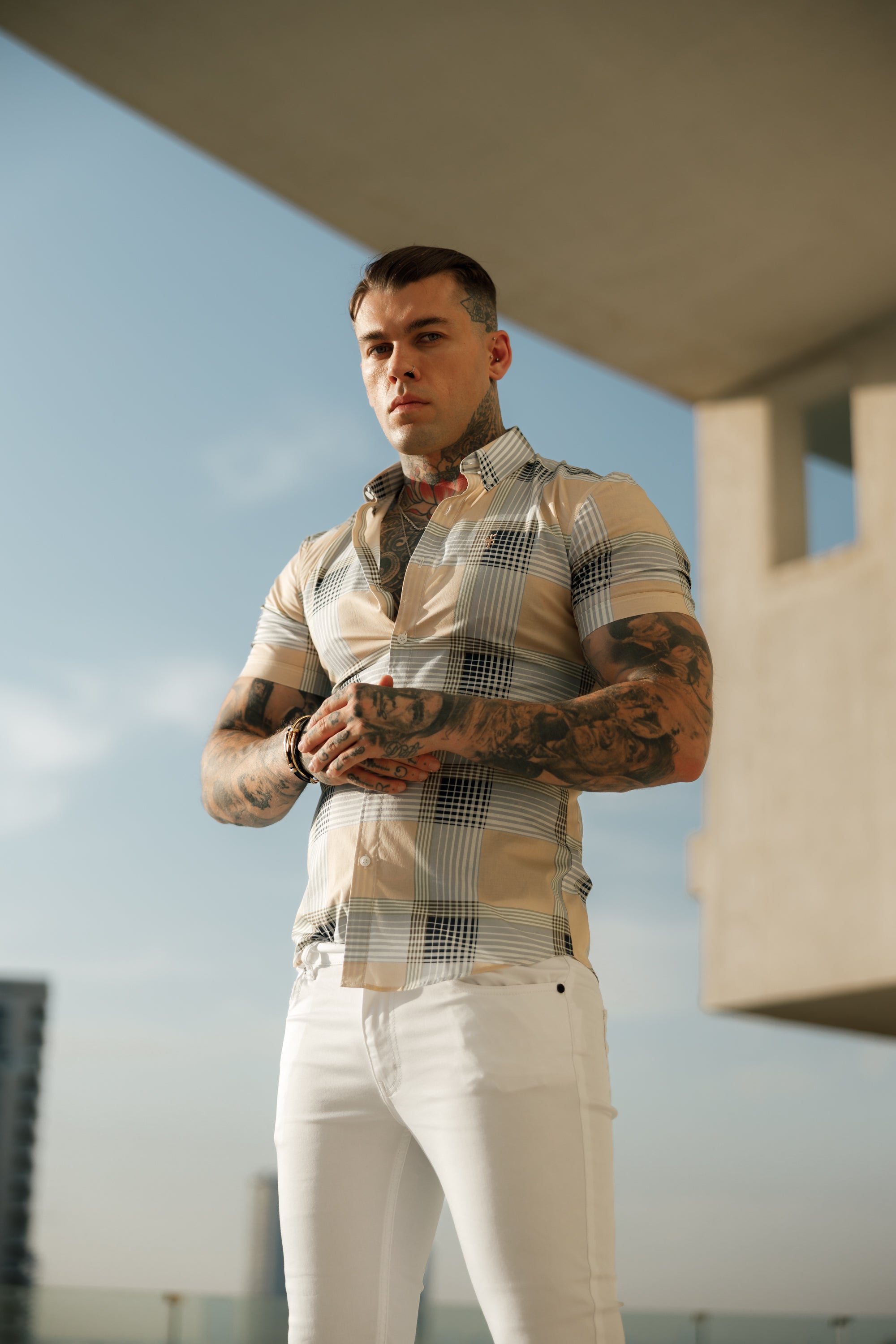 Super Slim Stretch Peach / Grey Check Print Short Sleeve with Button Down Collar - FS900