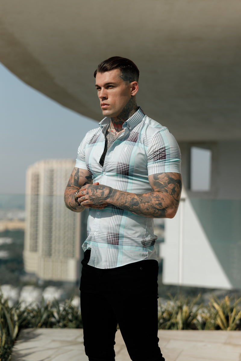 Father Sons Super Slim Stretch Aqua Check Print Short Sleeve with Button Down Collar - FS915 (PRE ORDER 12TH JUNE)