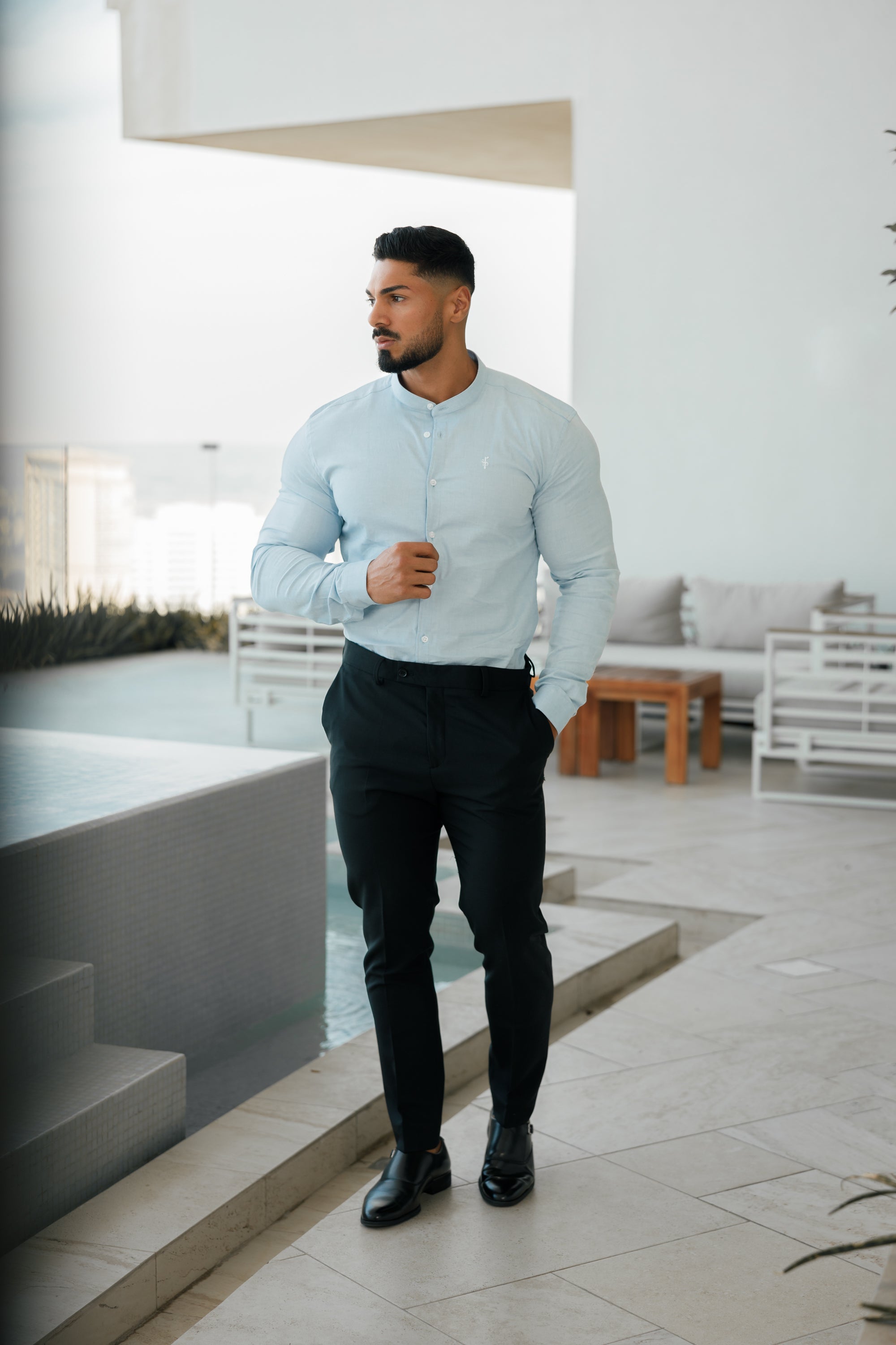 Super Slim Stretch Classic Oxford Light Blue with Grandad Collar - FS938