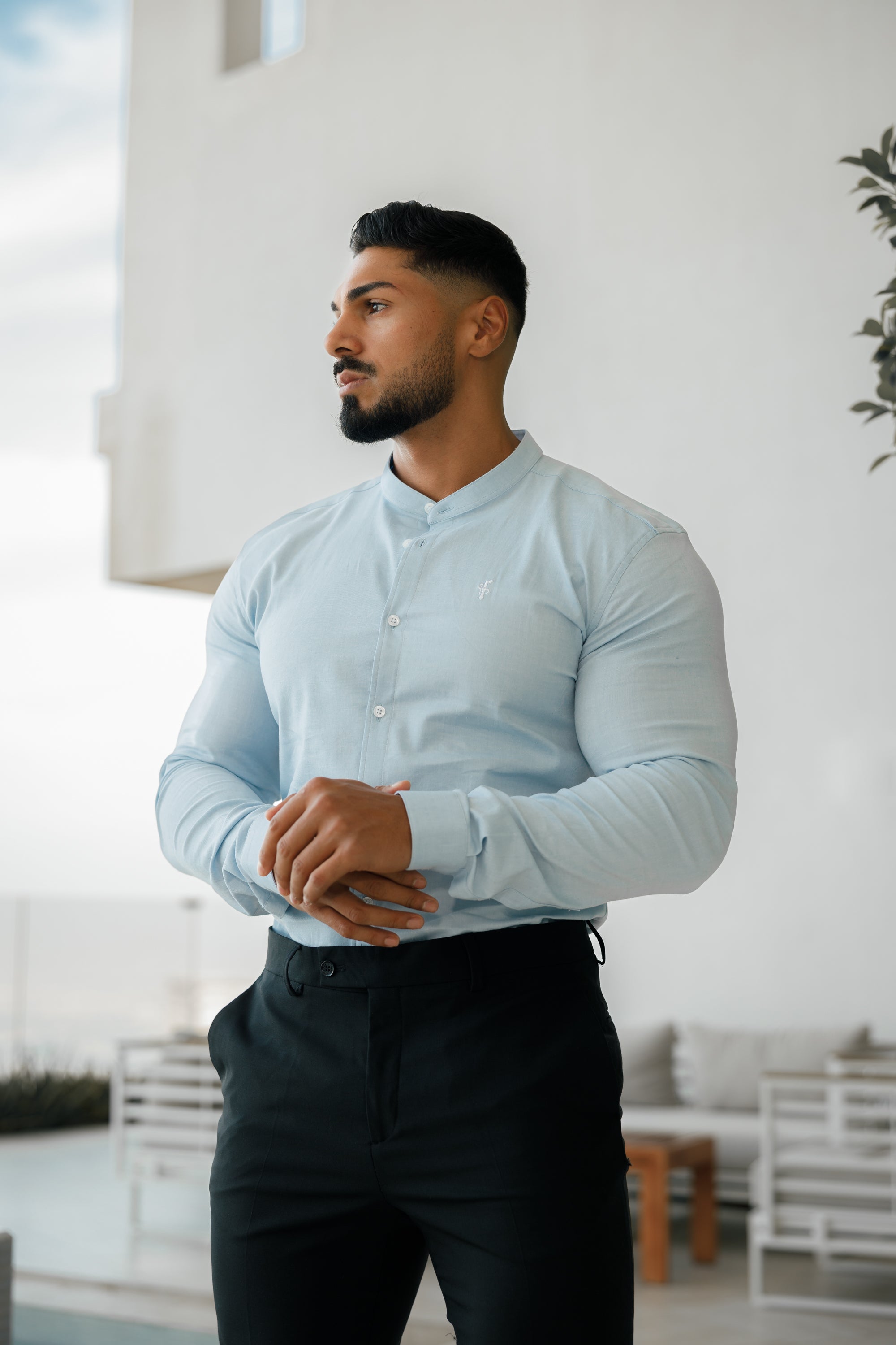 Super Slim Stretch Classic Oxford Light Blue with Grandad Collar - FS938