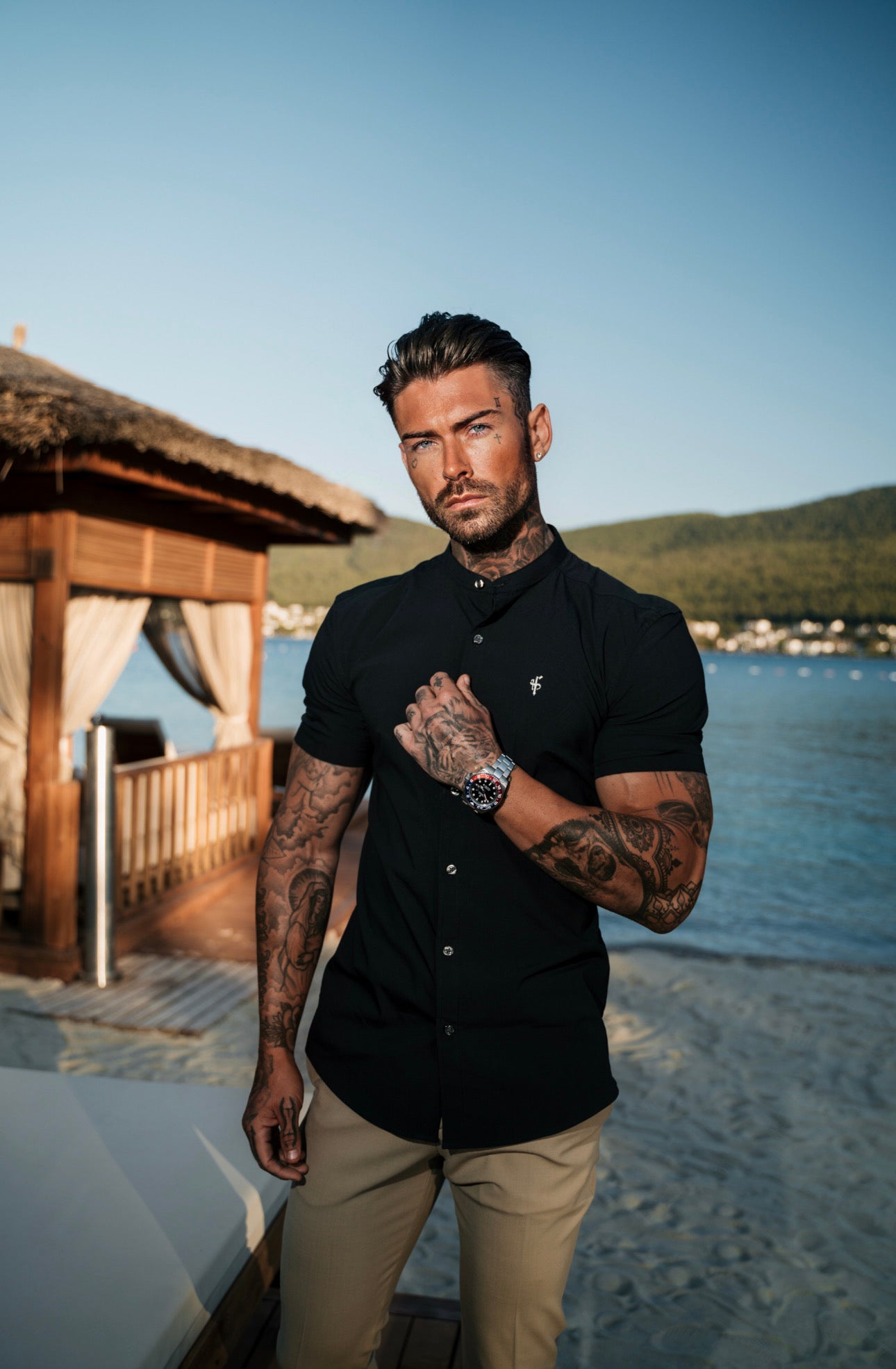 Super Slim Stretch Classic Black Grandad Collar Short Sleeve - FS173