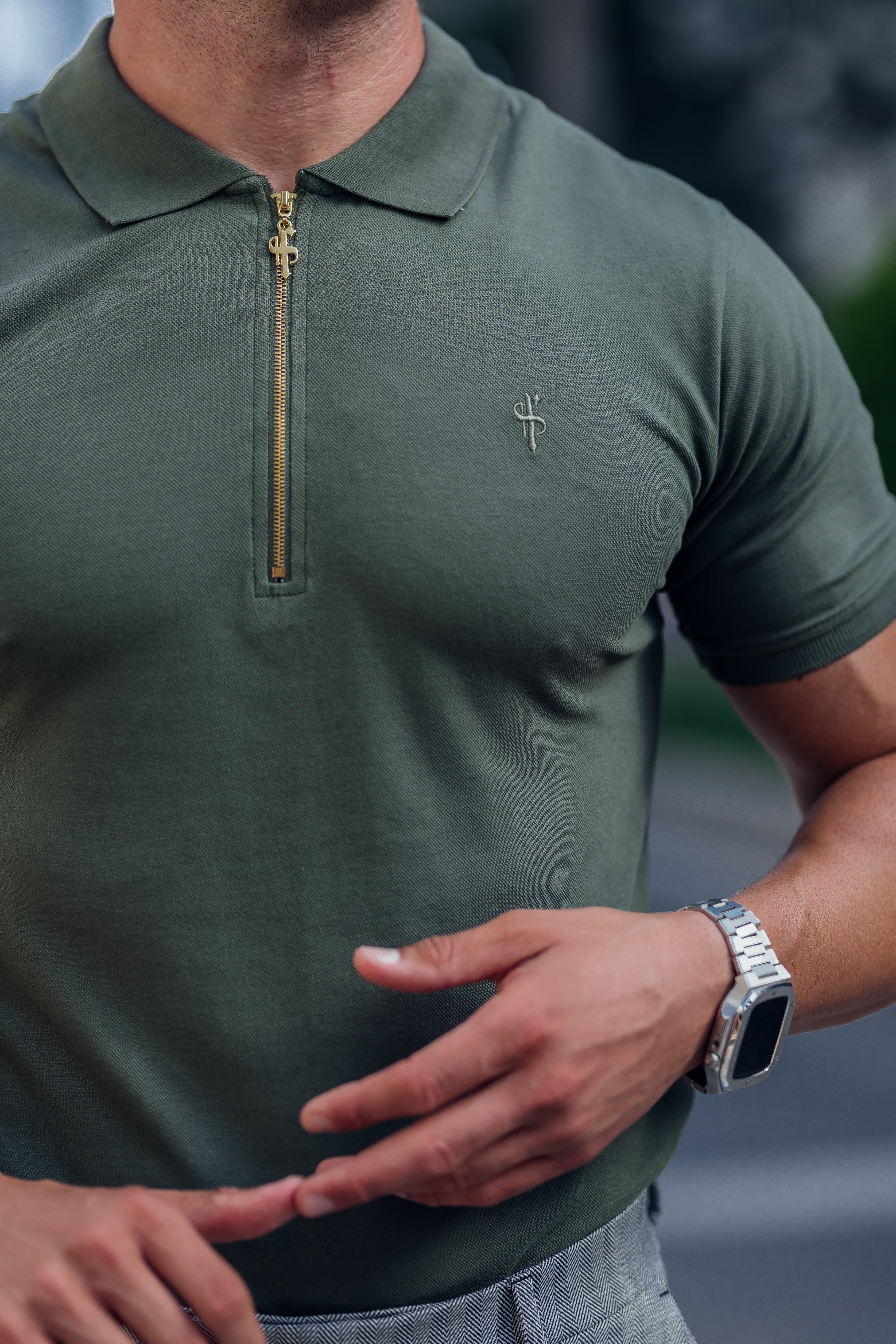 Classic Khaki and Gold Zipped Polo Shirt - FSH810