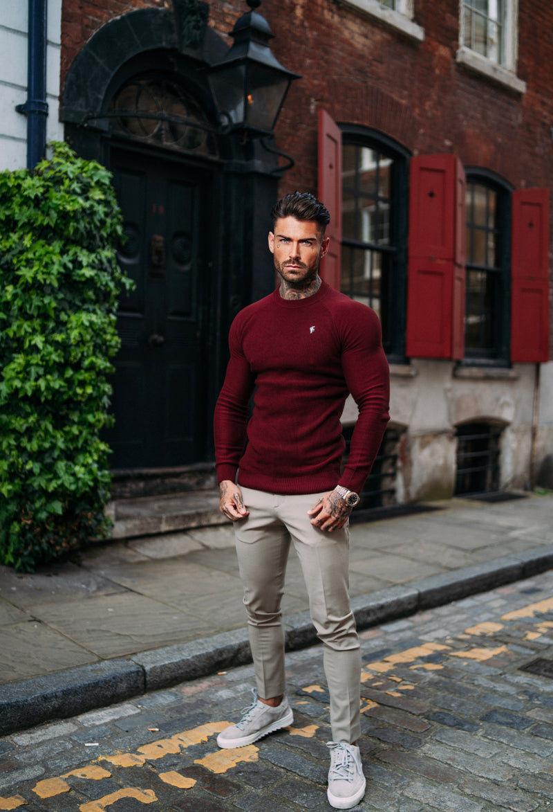 Father Sons Burgundy Knitted Honeycomb Raglan Crew Super Slim Sweater With Metal Decal - FSN065