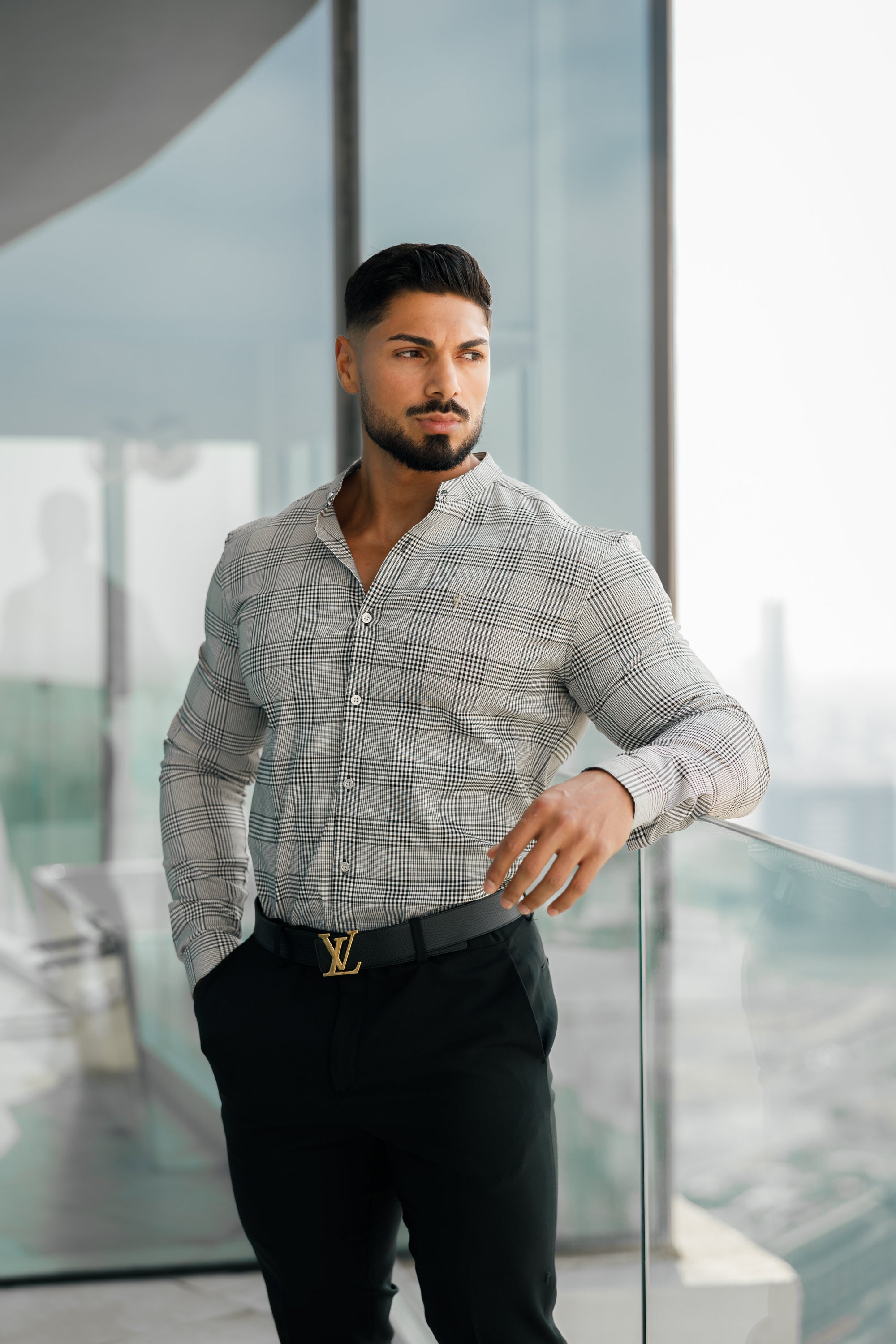Super Slim Stretch Prince Of Wales White and Black Check Long Sleeve Grandad Collar with Metal Buttons and Emblem- FS733