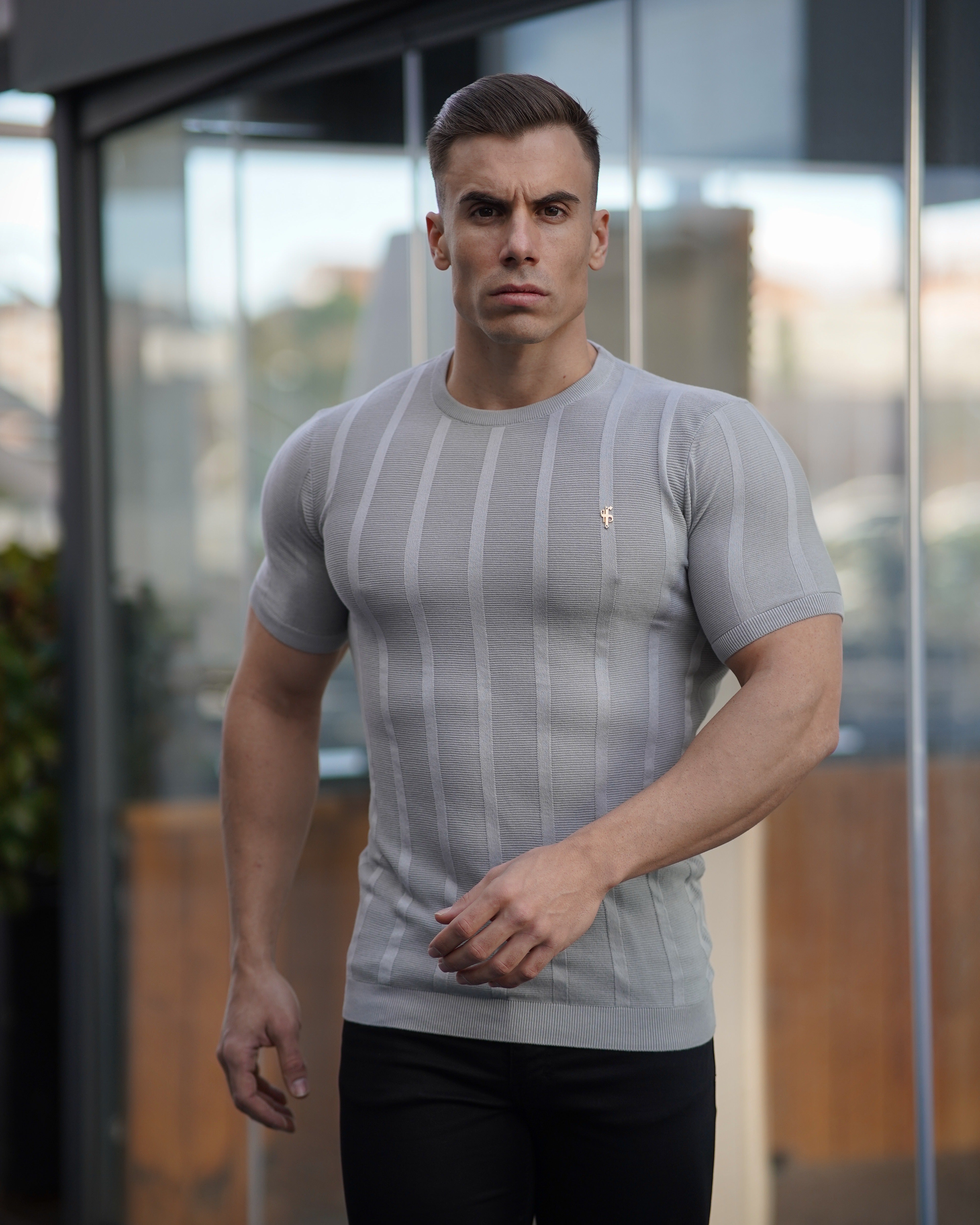 Classic Short Sleeve Light Grey Knitted Wide Rib Crew with Gold Emblem - FSH560