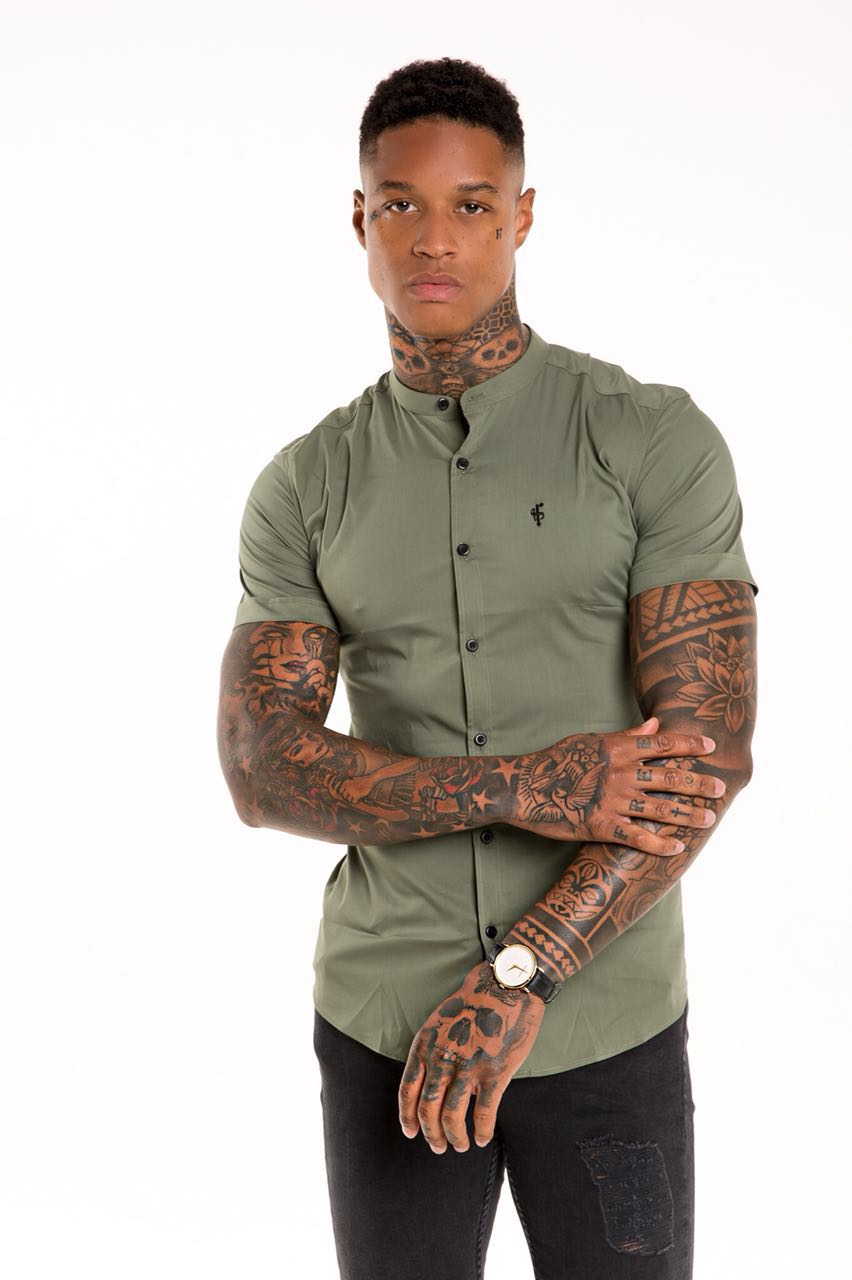Super Slim Stretch Classic Khaki Grandad Collar Short Sleeve - FS291