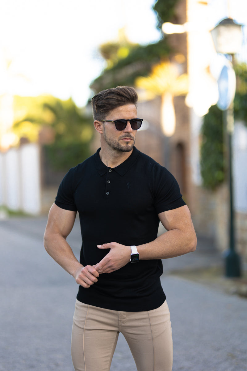 Father Sons Classic Black Merino Wool Knitted Polo Sweater Short Sleeve With FS Embroidery- FSN022