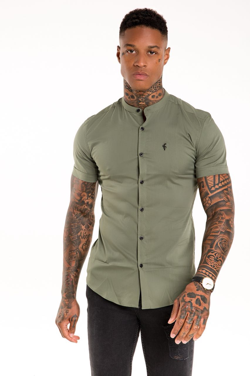 Super Slim Stretch Classic Khaki Grandad Collar Short Sleeve - FS291