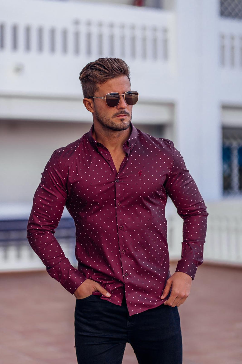 Father Sons Super Slim Stretch Burgundy & White Circular Print Long Sleeve - FS664