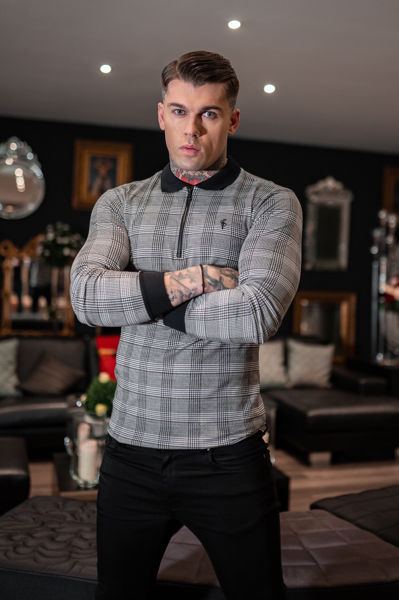 Prince Of Wales Zipped Long Sleeve Polo Shirt- FSH437