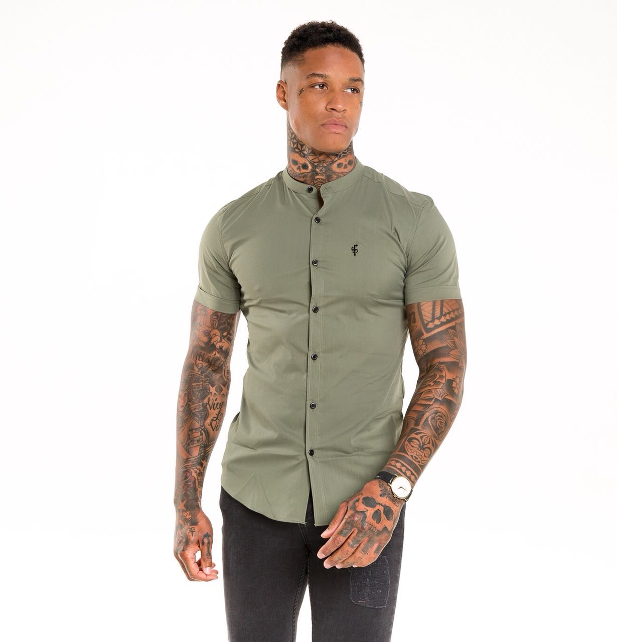 Super Slim Stretch Classic Khaki Grandad Collar Short Sleeve - FS291