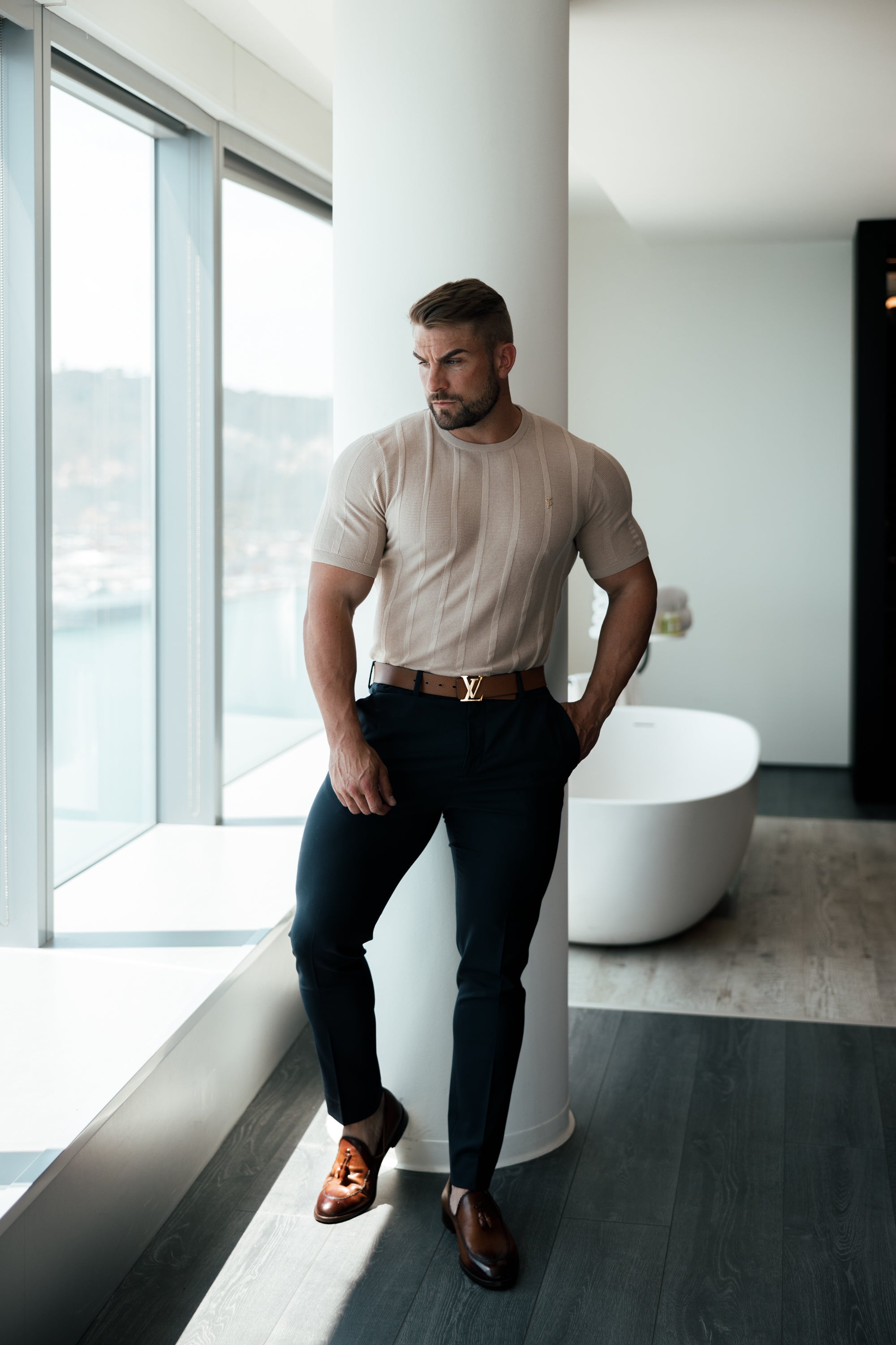 Classic Short Sleeve Oatmeal Knitted Wide Rib Crew with Gold Emblem - FSH741