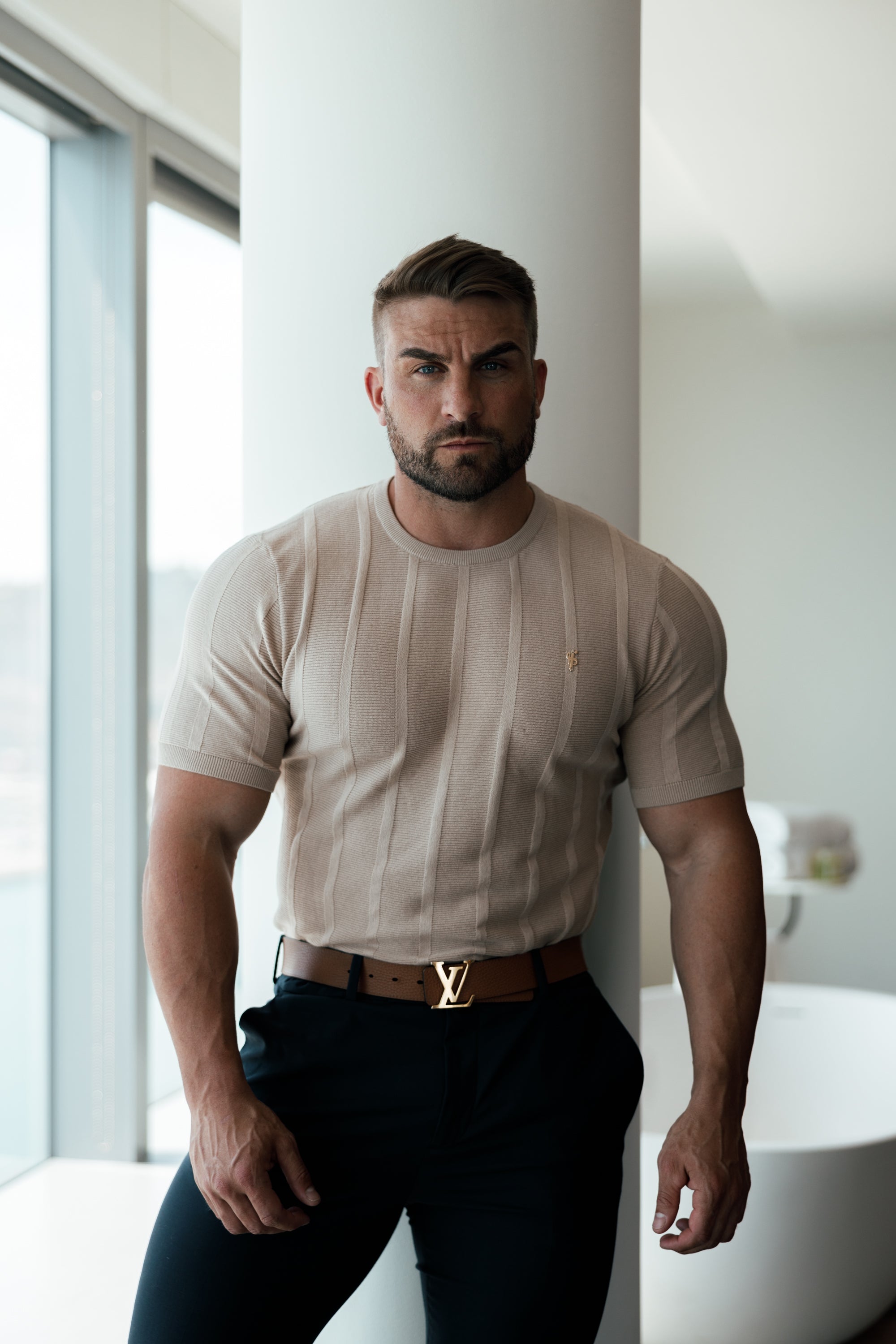 Classic Short Sleeve Oatmeal Knitted Wide Rib Crew with Gold Emblem - FSH741