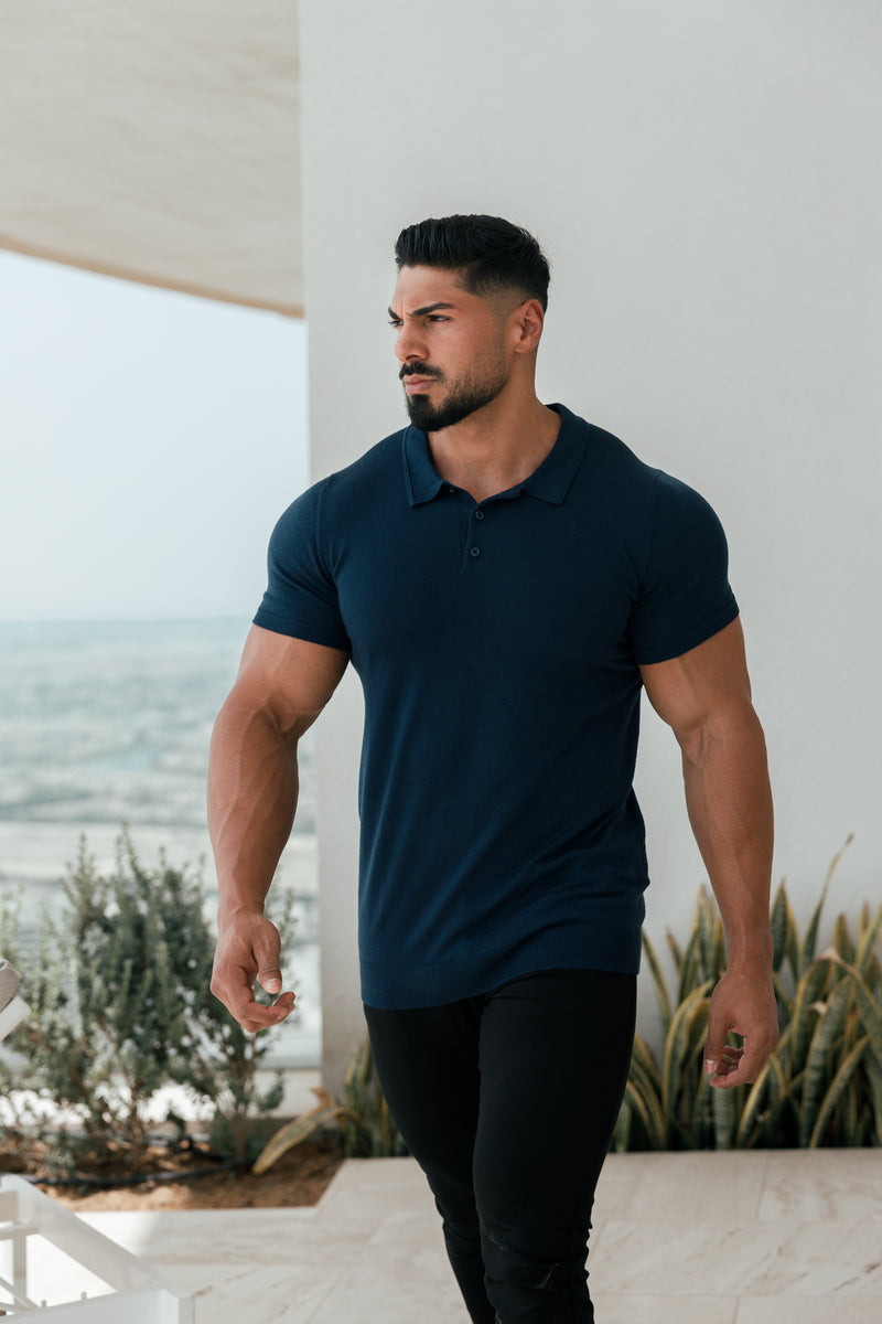 Father Sons Classic Navy Merino Wool Knitted Polo Sweater Short Sleeve With FS Embroidery- FSN026