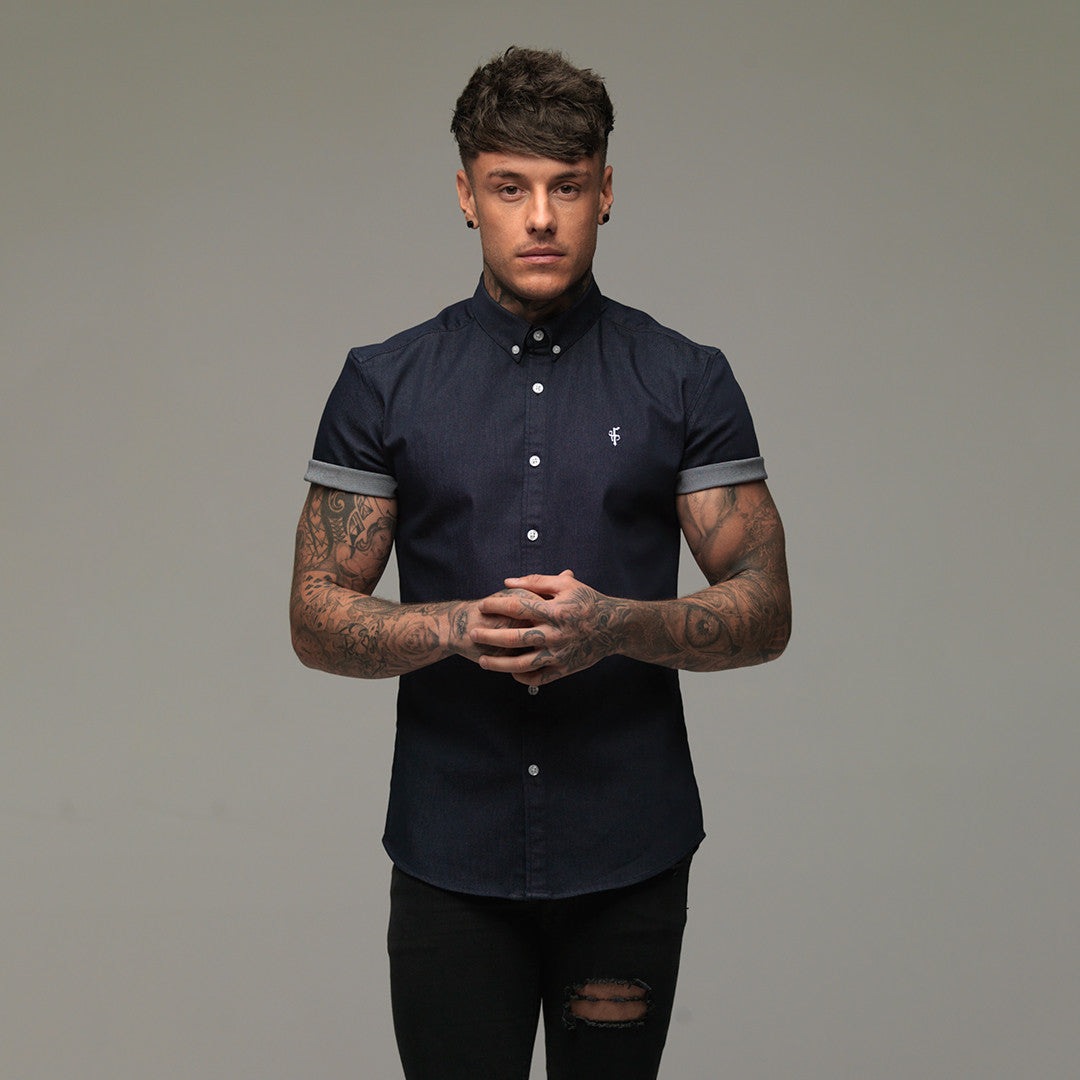 Super Slim Stretch Navy Denim Short Sleeve - FS167